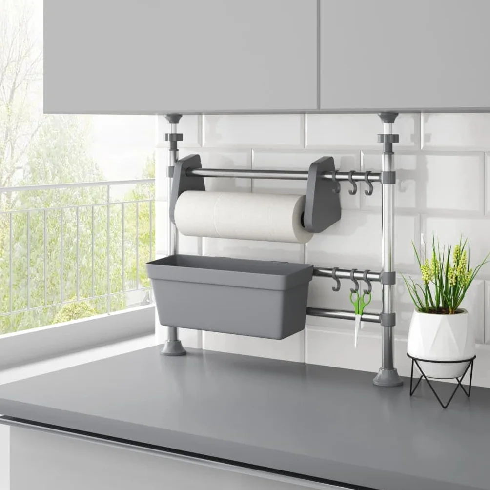 Organizador de cocina ajustable de aluminio, ahorro de espacio, almacenamiento para cocina y baño con cesta, gancho y soporte para rollos de cocina, 50 x 15 x 47 a 80 cm