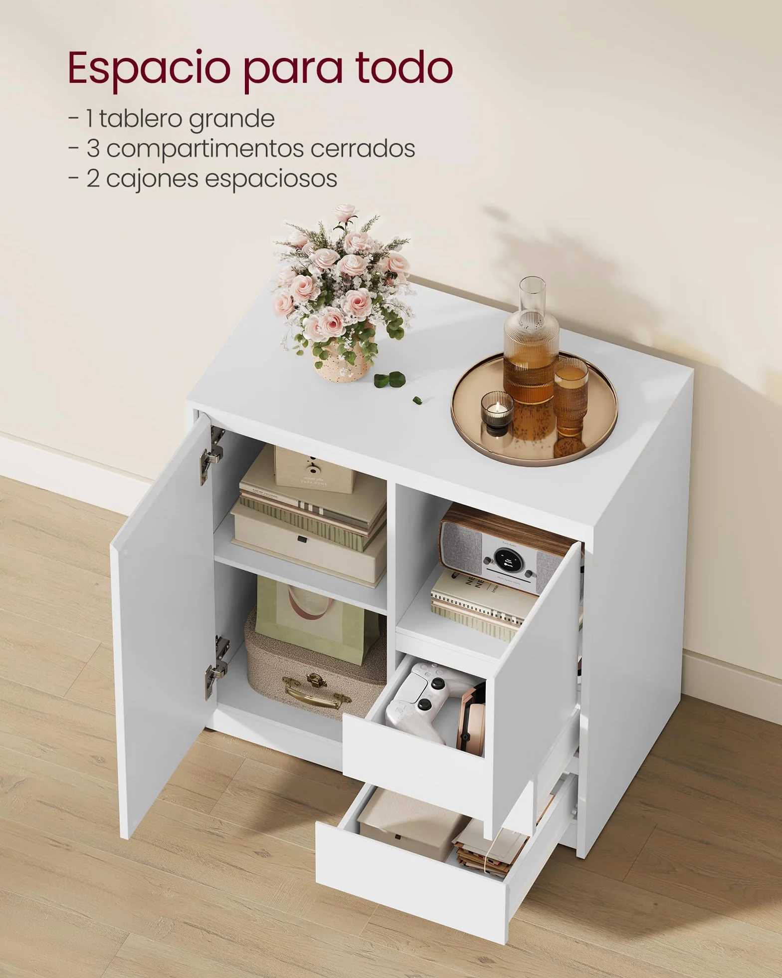 VASAGLE KAILYN Aparador Armario Almacenamiento con Puerta Estante Ajustable 2 Cajones 40 x 70 x 74.5 cm Blanco Nube