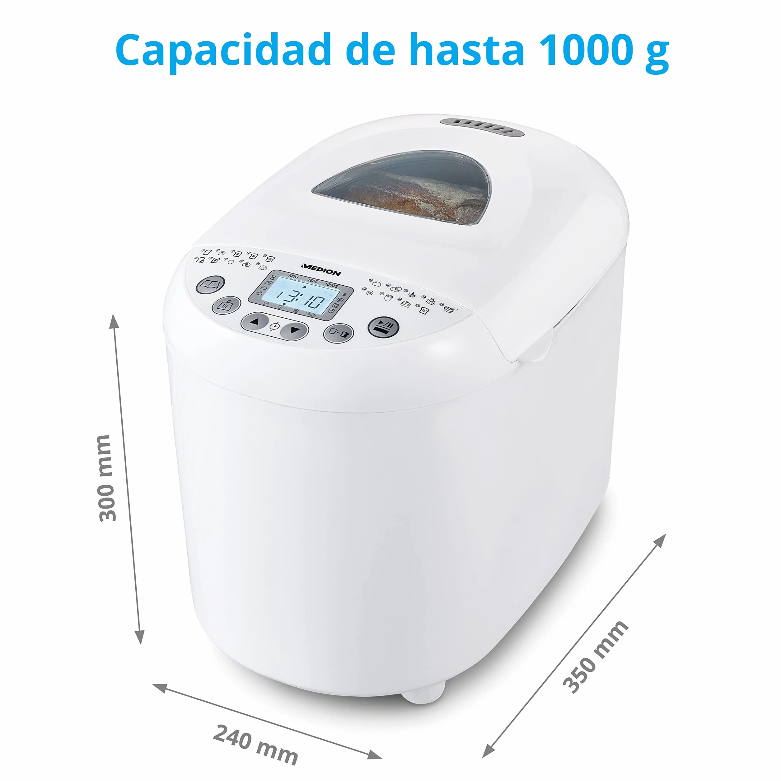 MEDION Amasadora de pan (MD11011) 550W, robot de cocina para preparar pan con capacidad para 1 kg, robot con 19 programas, 3 niveles de tostado y conservación del calor