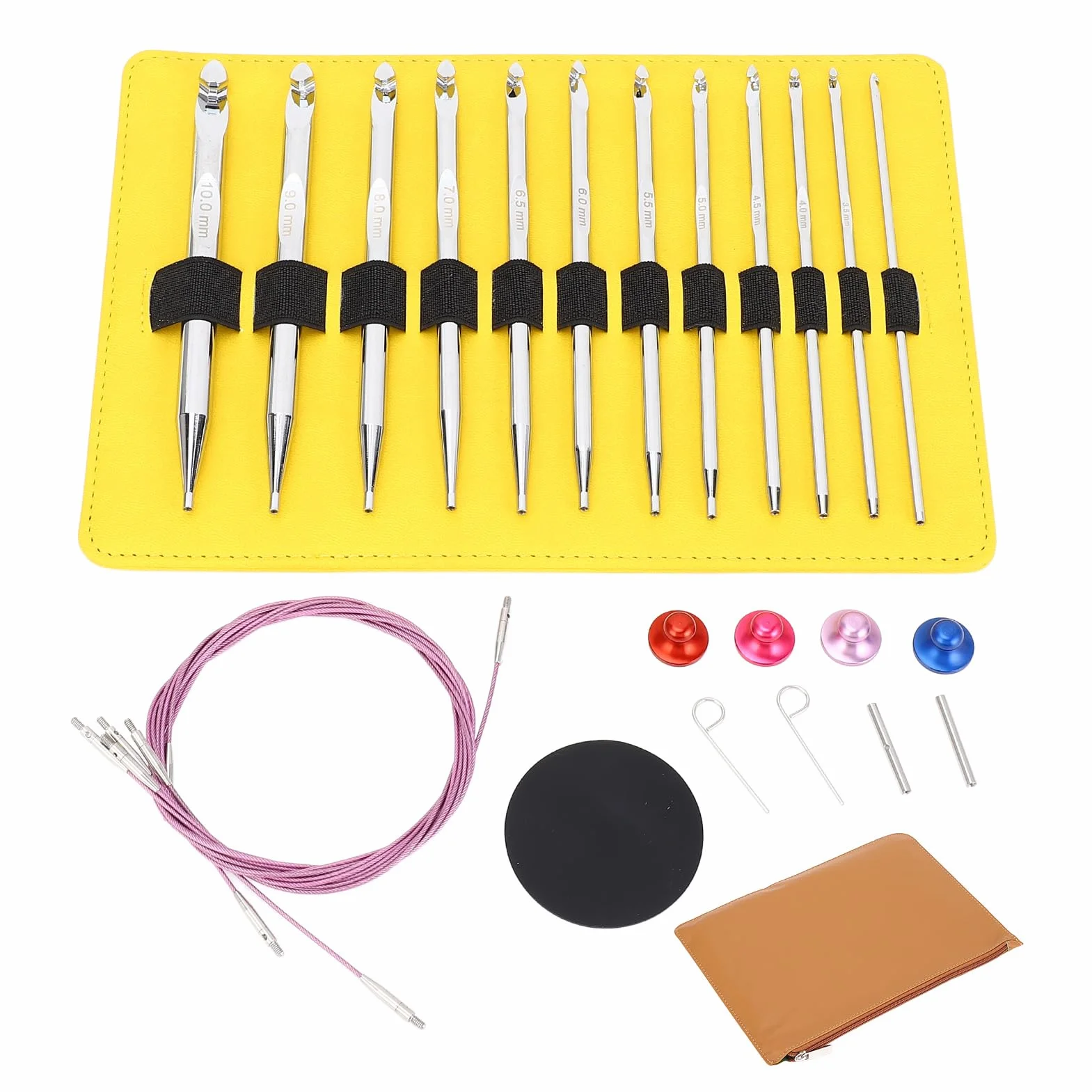 Arythia Kit Ganchillo 12 Piezas, Agujas De Crochet Tunecino Intercambiables, Juego De Agujas Ganchillo 3-10 mm con 4 Cables y Estuche PU para Mantas y Costura