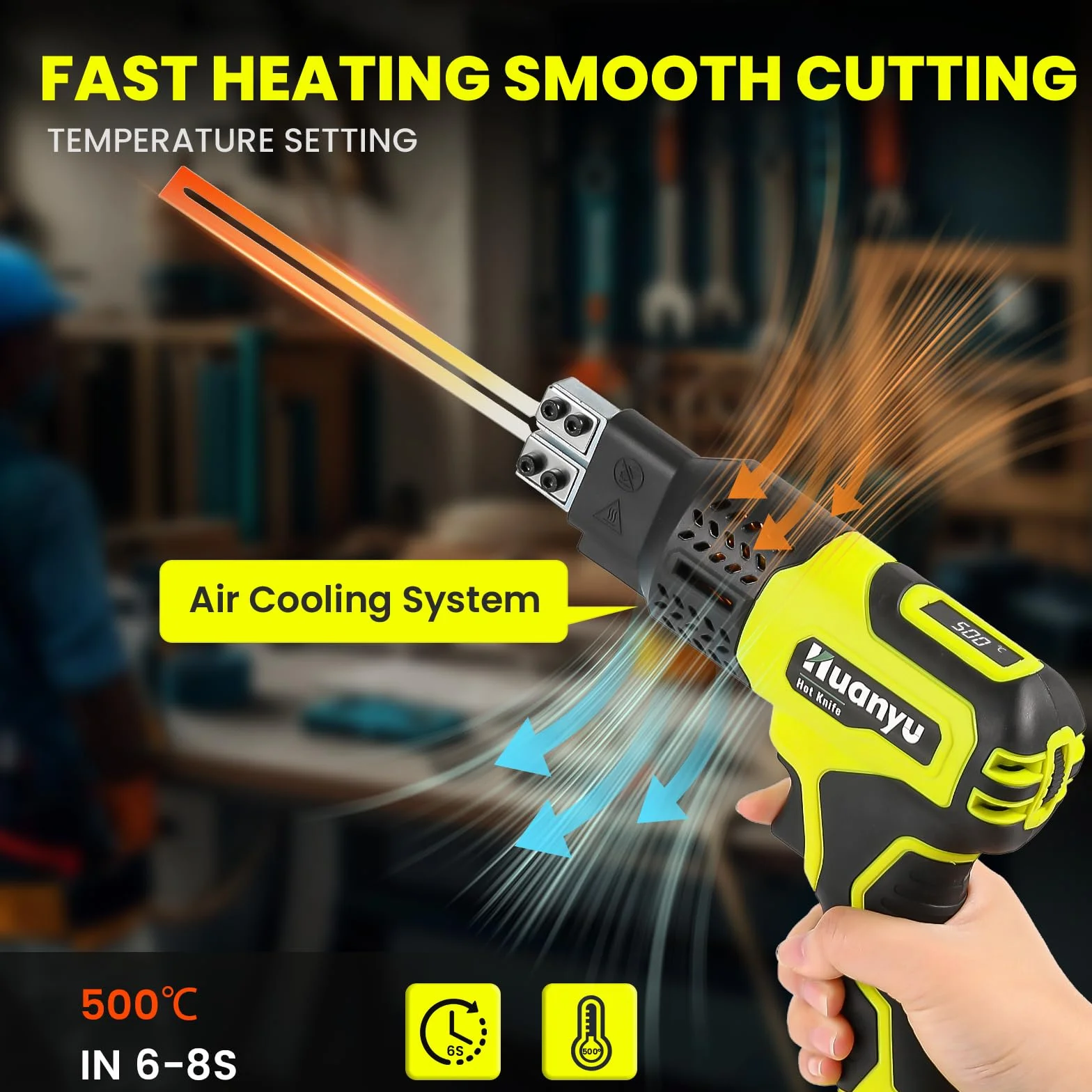 Huanyu Cuchillo Caliente Inalámbrico con 2 cuchillas, 10 cm y 15 cm, 100 W Cuchillo térmico eléctrico con indicador de temperatura de 500 ℃ máx, batería de 3,0 Ah