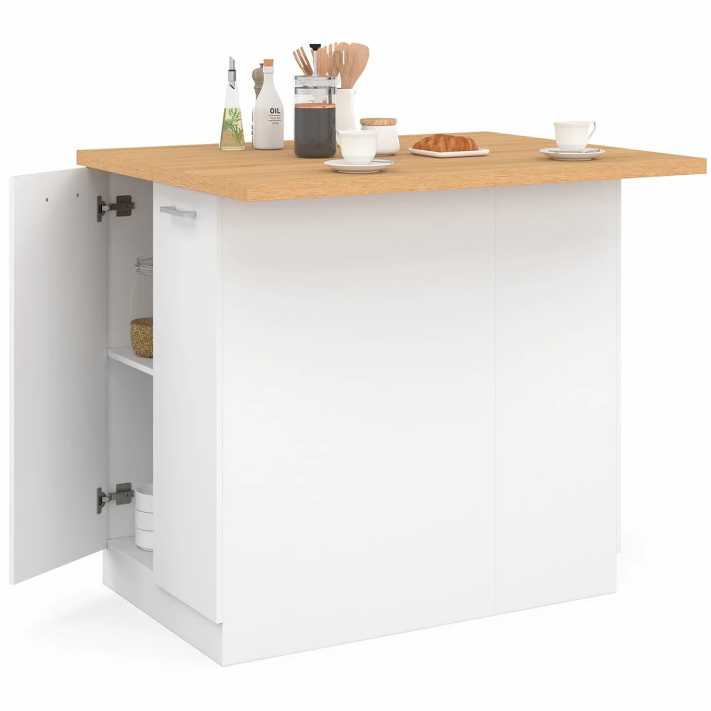 IDMarket - Ilot Central IVO 100 cm, color blanco con encimera de haya