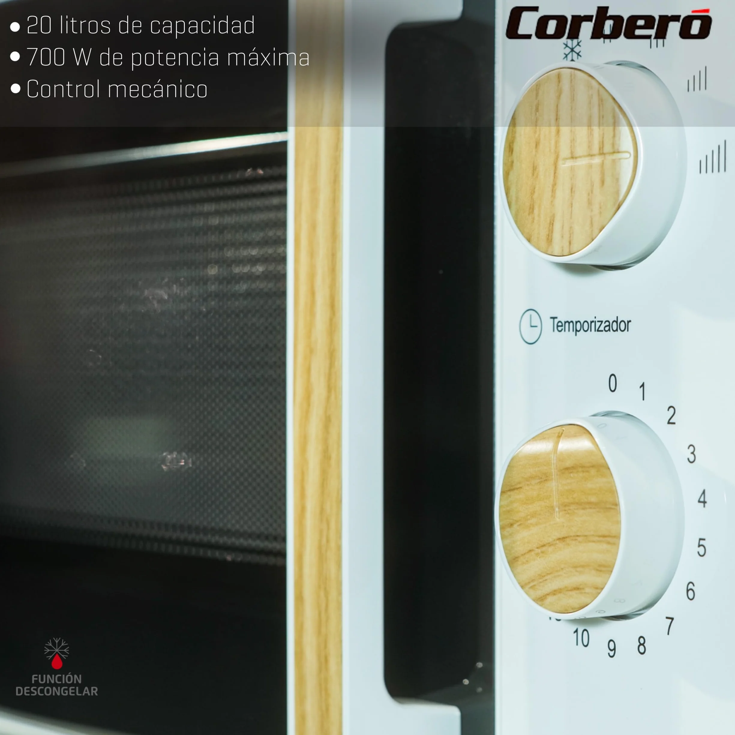 Corberó Microondas 20L 700W Control Mecánico 5 Niveles Temporizador 30 Min Plato Giratorio 245mm Blanco