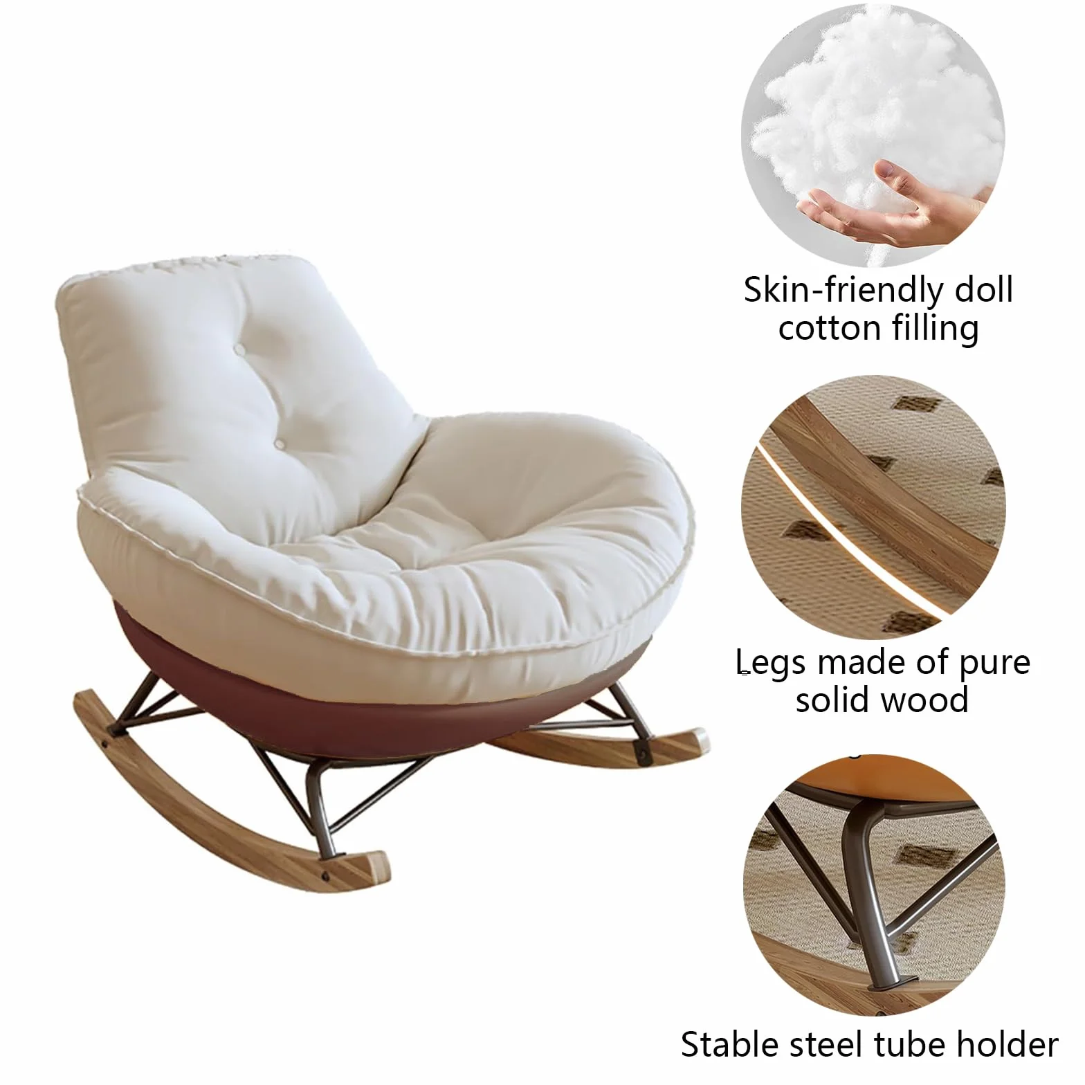 Mecedora, sillón balancín ergonómico, cojín extra grueso y respaldo, sillón moderno para salón y dormitorio, base de madera estable y marco de metal, resistente a las caídas