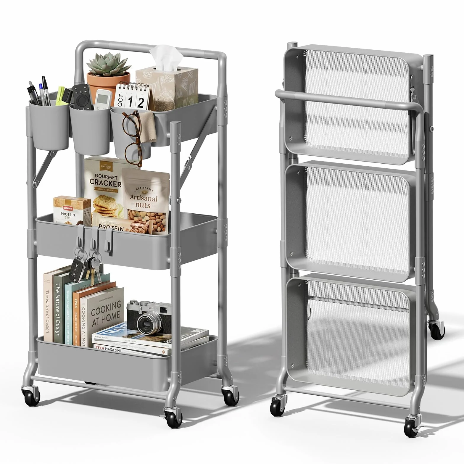 Plegable Carrito Auxiliar con Ruedas 3 Niveles ExtraíBle Estrecho Carro de Almacenamiento para Cocina Baño Jardin (Gris)