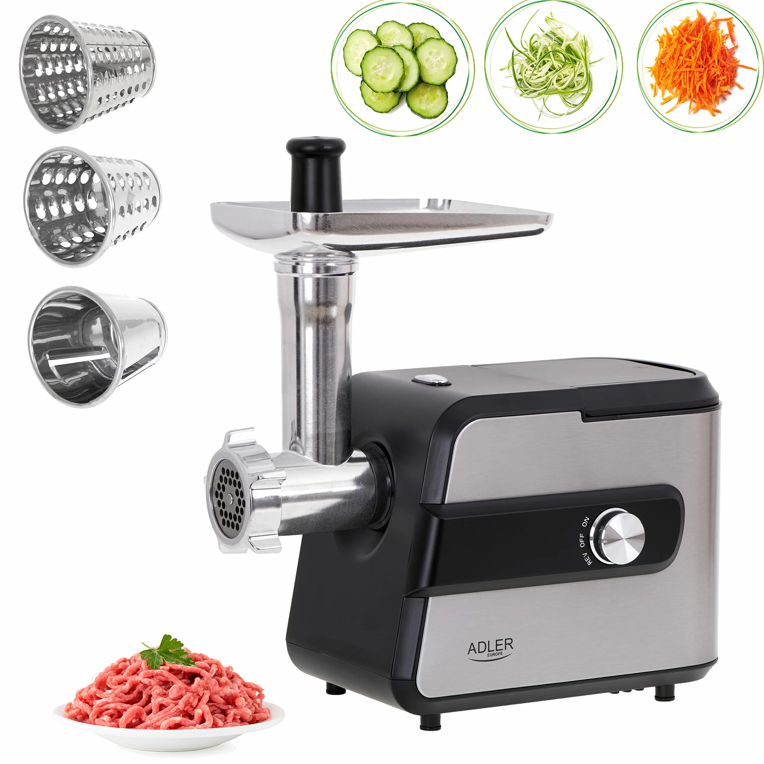 Adler AD 4813 - Picadora de carne nº 5 con rebanadora, 2000 W, máquina picadora de carne picada con carcasa de acero inoxidable, para carne y verduras