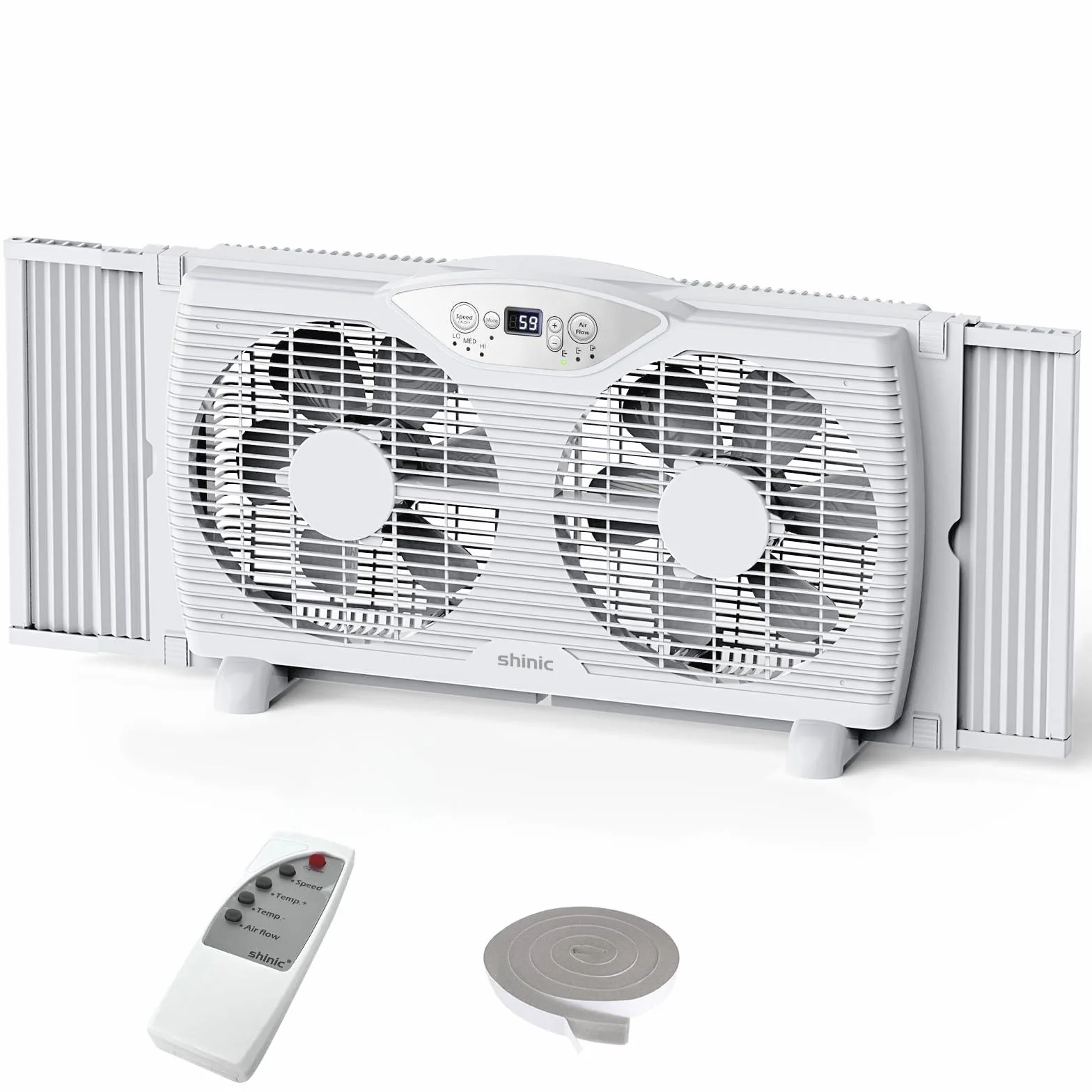 shinic Ventilador de ventana doble con control remoto, cuchillas de 9 pulgadas, flujo de aire reversible, control de termostato, 3 velocidades, 3 funciones, ancho expandible de 23.8 a 37 pulgadas,