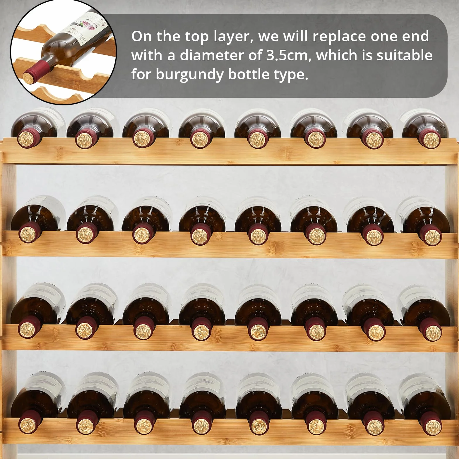 Estante modular apilable de bambú para vino – 6 niveles, capacidad 48 botellas, diseño estable para suelo o encimera, organizador de madera para bar y gabinete, 76x26x76 cm, capacidad: 48 botellas