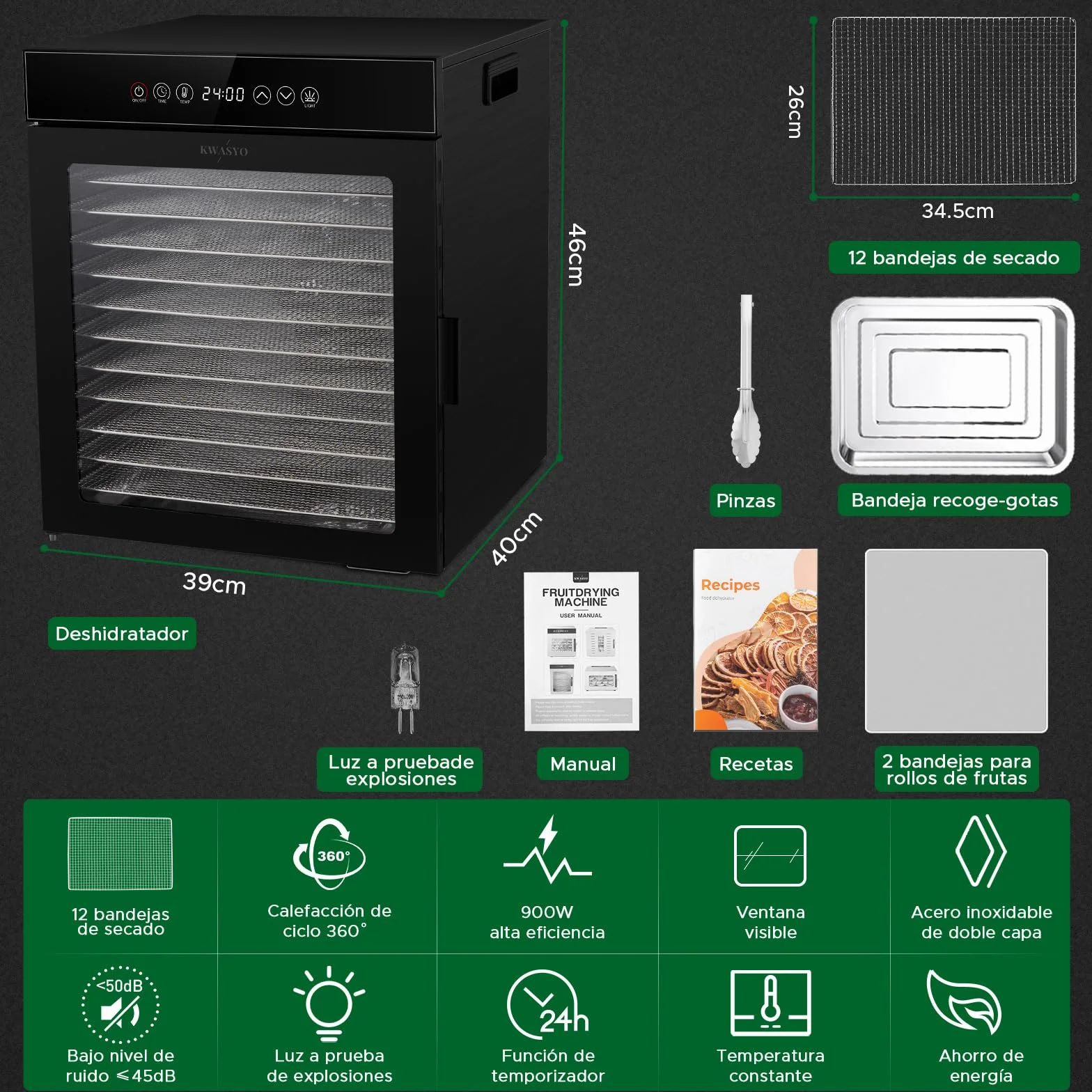 Kwasyo Deshidratador de Alimentos de 12 Bandejas de Acero Inoxidable, Todo en Negro, Estructura de Doble Capa, Gran Capacidad, Deshidratador para Frutas, Pescado, Verduras, Carne, Jerky, Hierbas