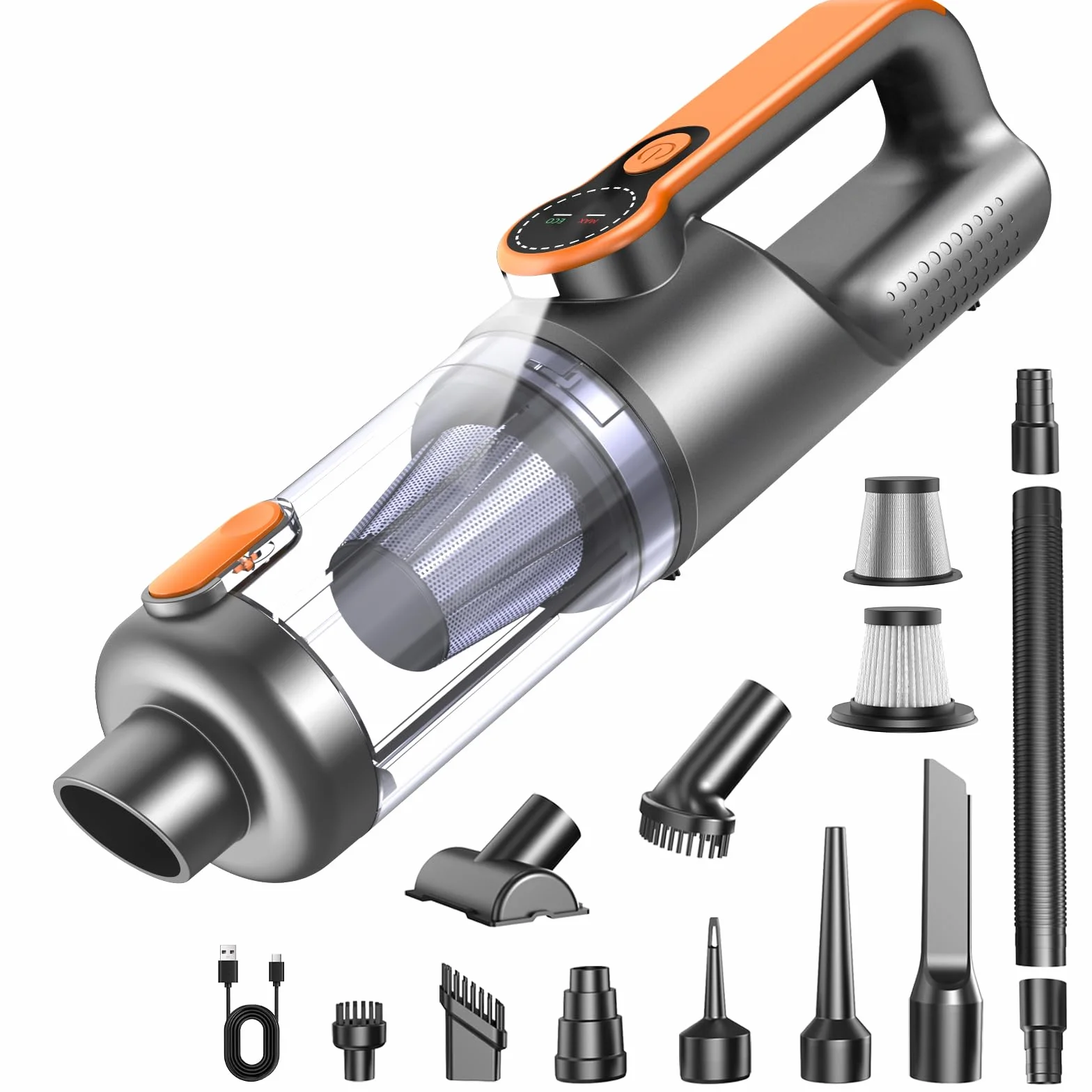 Aspirador de Mano 26000Pa 4-en-1 Sin Cable Motor Sin Escobillas Pantalla HD Iluminación LED Naranja