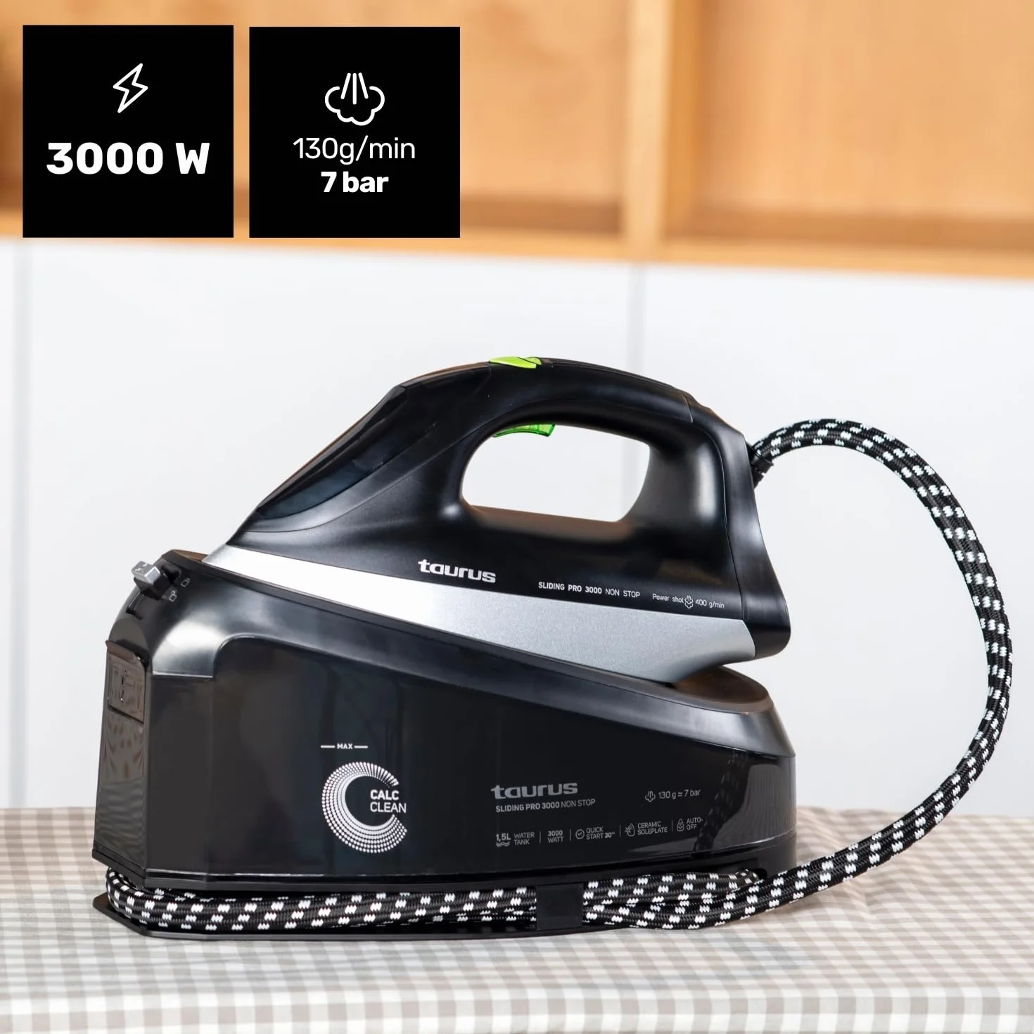 Taurus - Centro Planchado Sliding Pro 3000 Non Stop | 3000W | Vapor 130 g/min | Golpe 400 g/min | Plancha Vertical | Suela Cerámica | ECO y MAX | Depósito 1.5L | Autolimpieza | Bloqueo | Negro