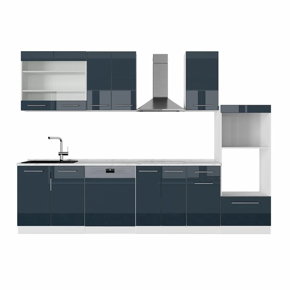 Vicco Mueble de Cocina Fame-Line, Azul Oscuro Alto Brillo/Blanco, 300 cm con Armario Alto, sin encimera, para ampliación Individual con módulos complementarios