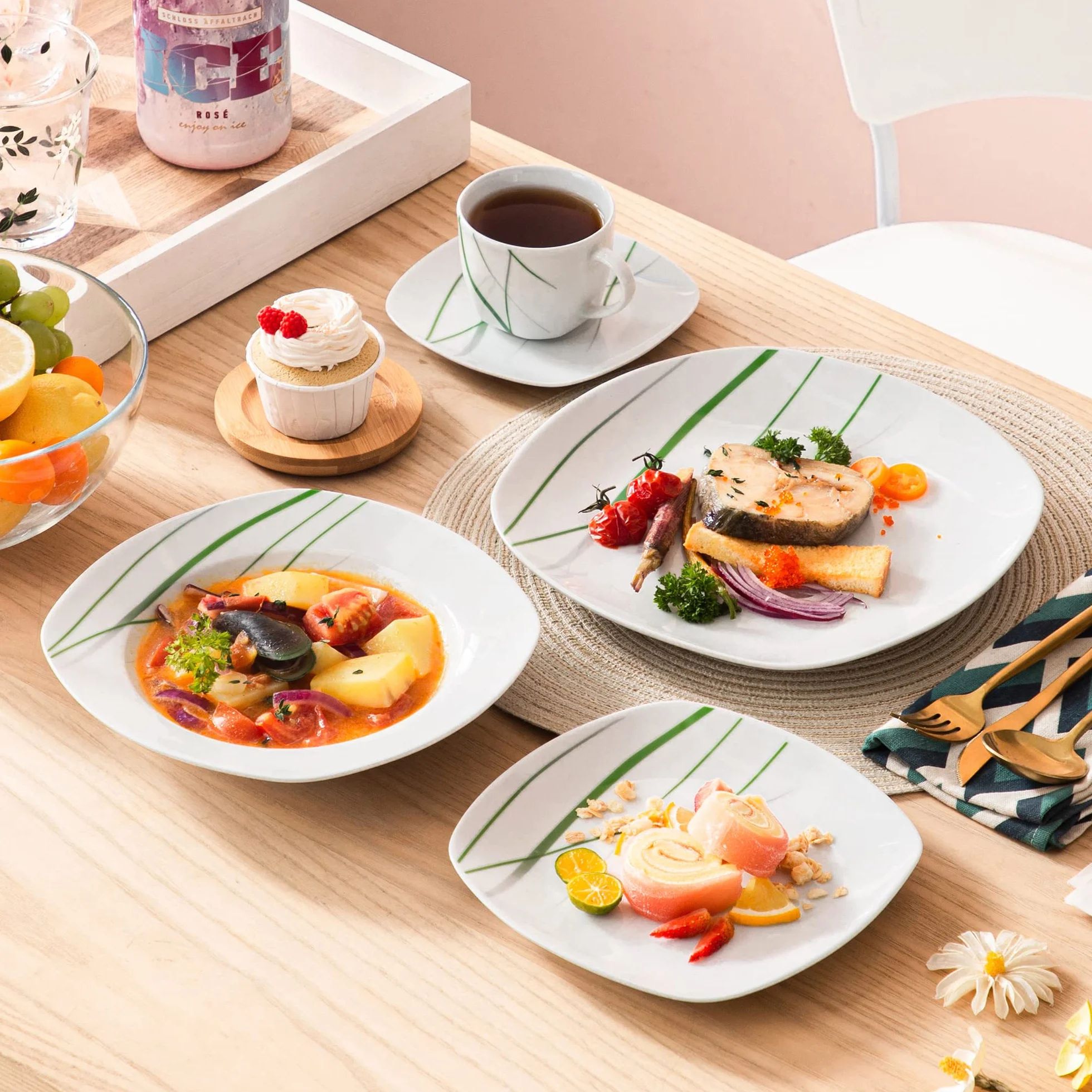 VEWEET AVIVA Juegos de Vajillas 60 Piezas de Porcelana con 12 Taza 200 ml, 12 Platillos, 12 Platos, 12 Platos de Postre y 12 Platos Hondos para 12 Personas