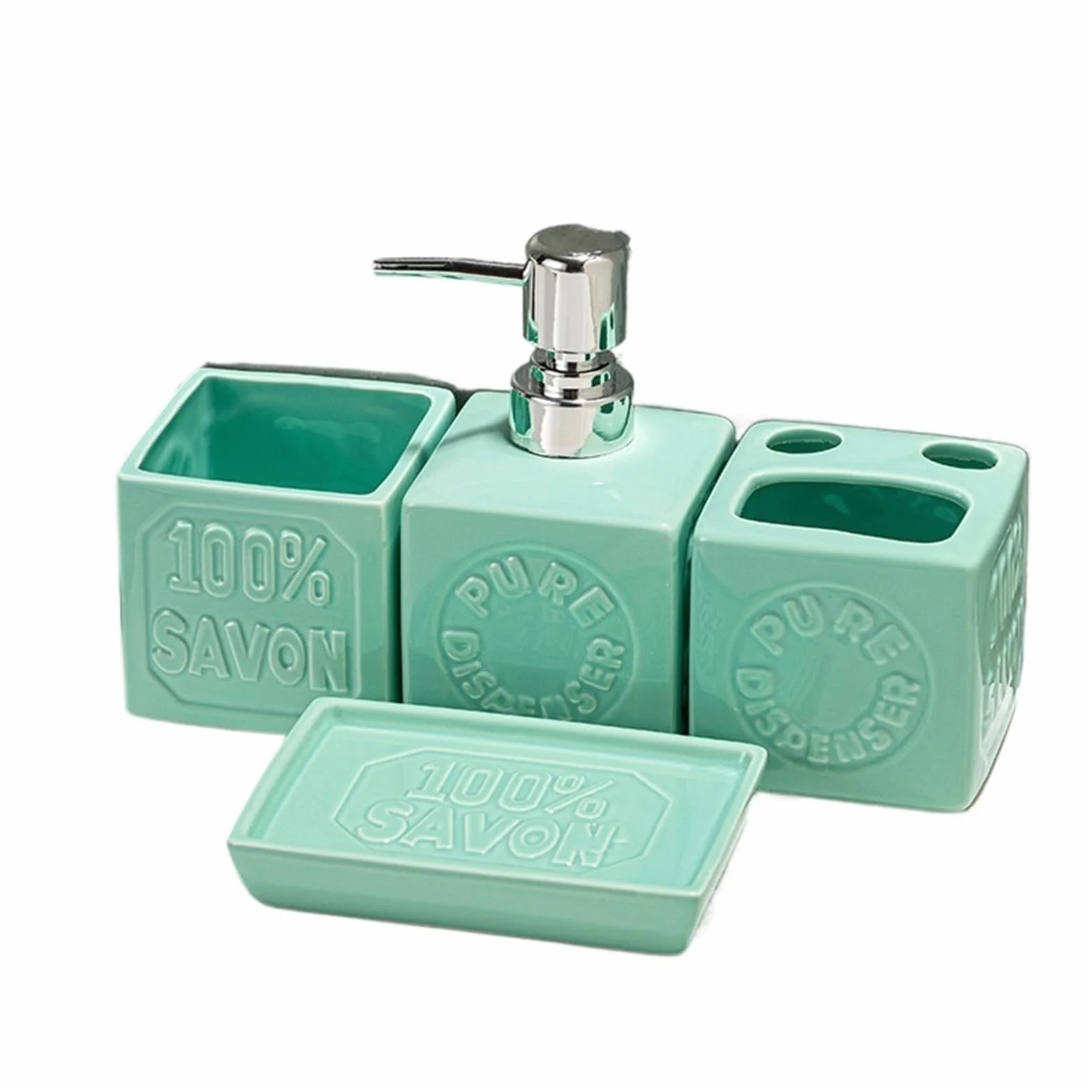 Dispensador de Jabon Juego de Accesorios baño 4 Uds., Juegos completos, dispensador jabón, Soporte for Cepillo Dientes, Taza y Plato for Lavar el ratón(Green)