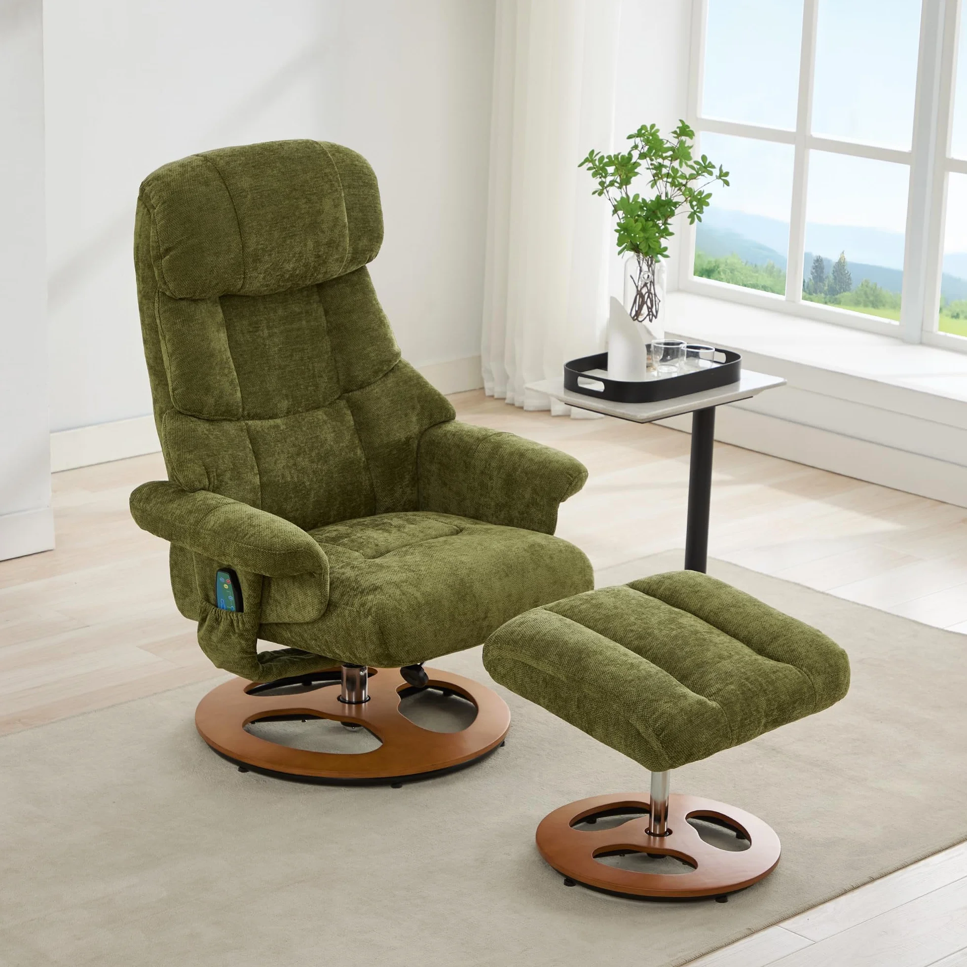 LAKFEW Sillon Relax Reclinable Electrico con Reposapiés, Sillon Relax Girar 360° con Masaje y Función de Calefacción, Sillón Reclinable Butaca Sillones para el Salón, Chenilla, 81x126x111 cm, Verde