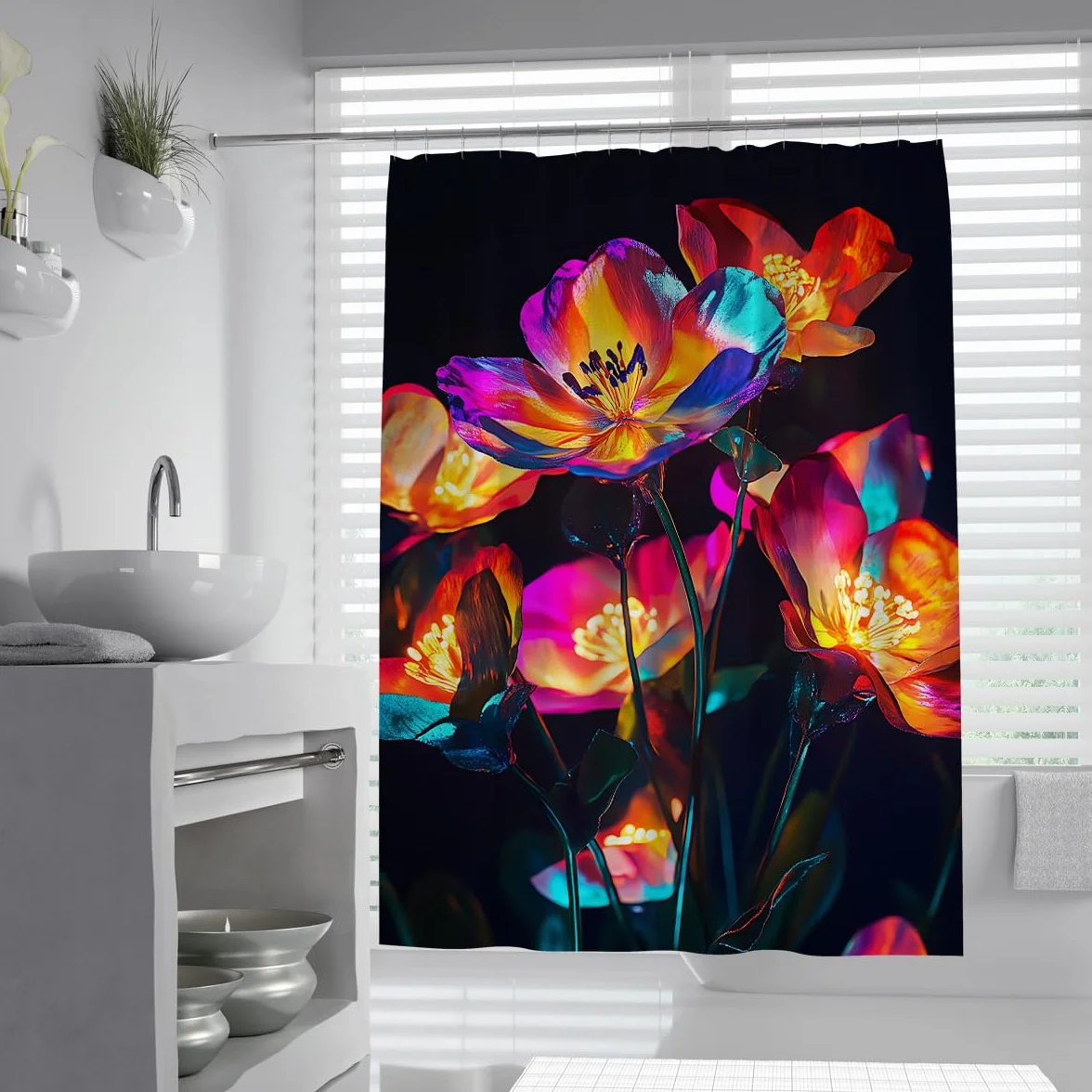 Moderno Forro de Cortina de Ducha de Arte Floral Colorido Fondo Negro Conjunto de Cortina de Ducha de Tela Lavable a Máquina con Ganchos 240x180cm