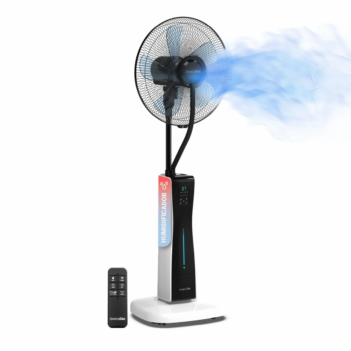 UNIVERSALBLUE Ventilador Humidificador Potente | Ventilador Nebulizador de Agua | Con Ruedas | Mando a Distancia | 3 Velocidades | Silencioso | Temporizador 12h | 5 Aspas | Blanco y Negro