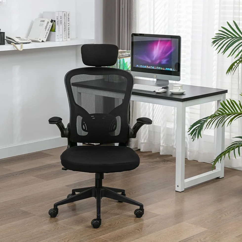 Silla de Oficina ergonómica, Silla de Oficina con reposabrazos Plegables, Silla de Oficina con Soporte Lumbar cómodo, Silla de Oficina rotativa (Negro)