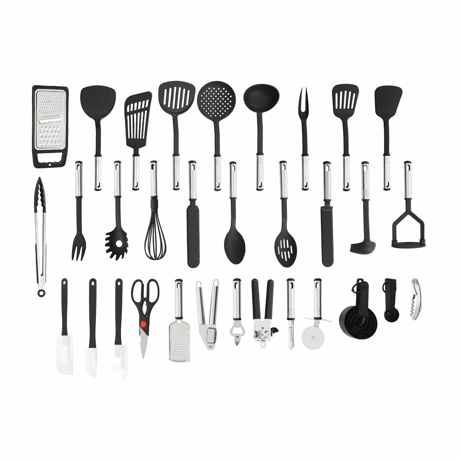 Juego de 40 utensilios de cocina de acero inoxidable y nailon, resistente al calor hasta 410 °C, incluye espátula/cuchara/batidor/vaso medidor/utensilios de cocina para cocinar, hornear