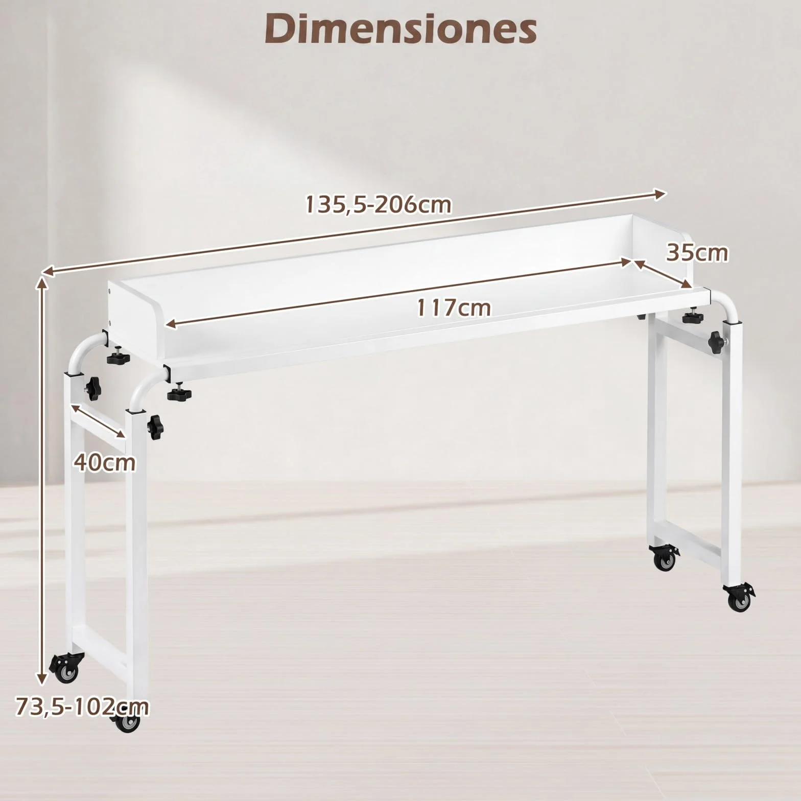 COSTWAY Mesa de Sobrecama con Ruedas, Altura y Longitud Ajustables, Escritorio Queen, Marco Metálico, Mesa para Cama, Dormitorio,135,5-206 x 40 x 73,5-102,5 cm (Blanco)