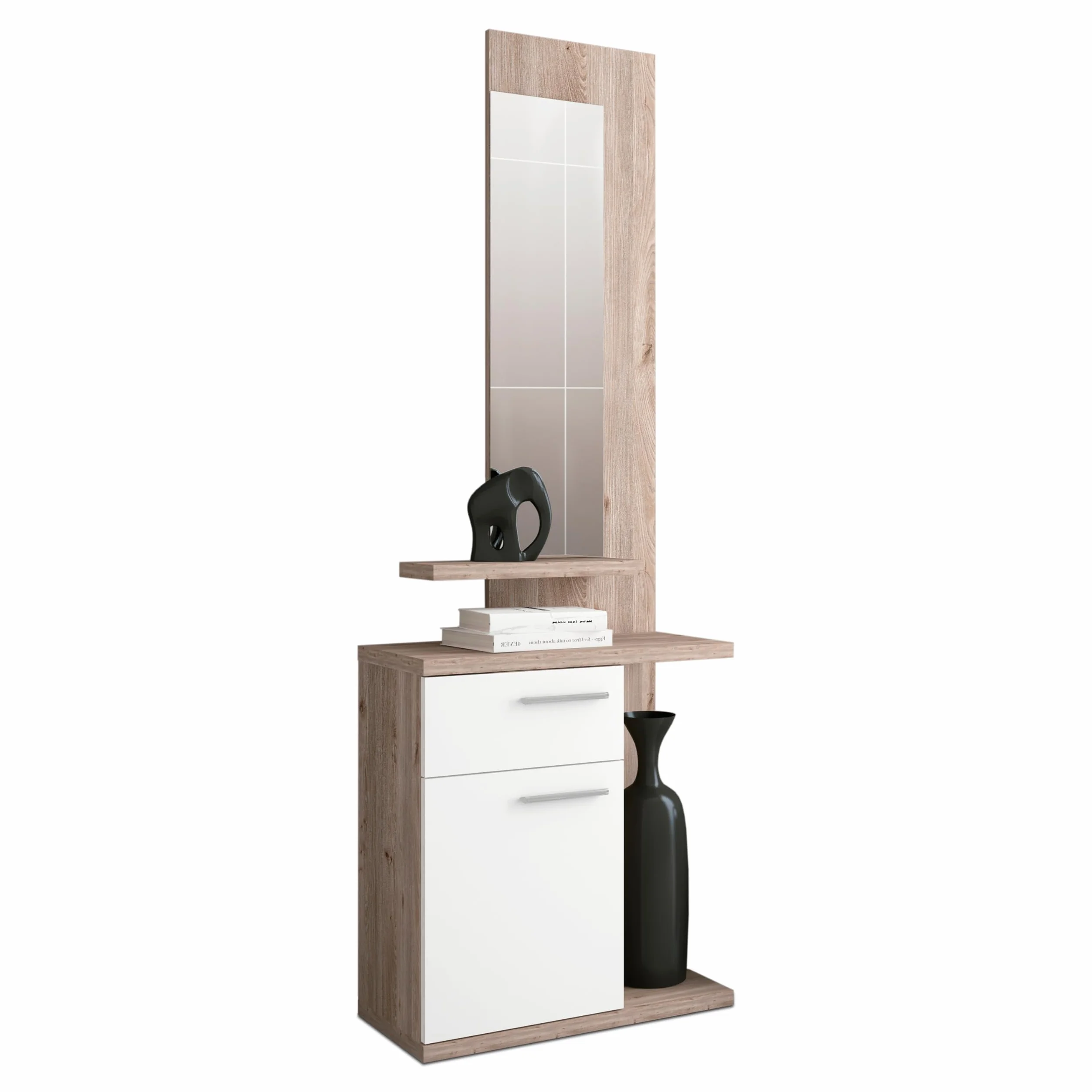 HomeSouth - Recibidor con un cajón y una Puerta, Mueble de Entrada con Espejo Acabado en Blanco y Nelson, Modelo Enter, Medidas: 60,5 x 68,5 x 27,8 cm de Fondo