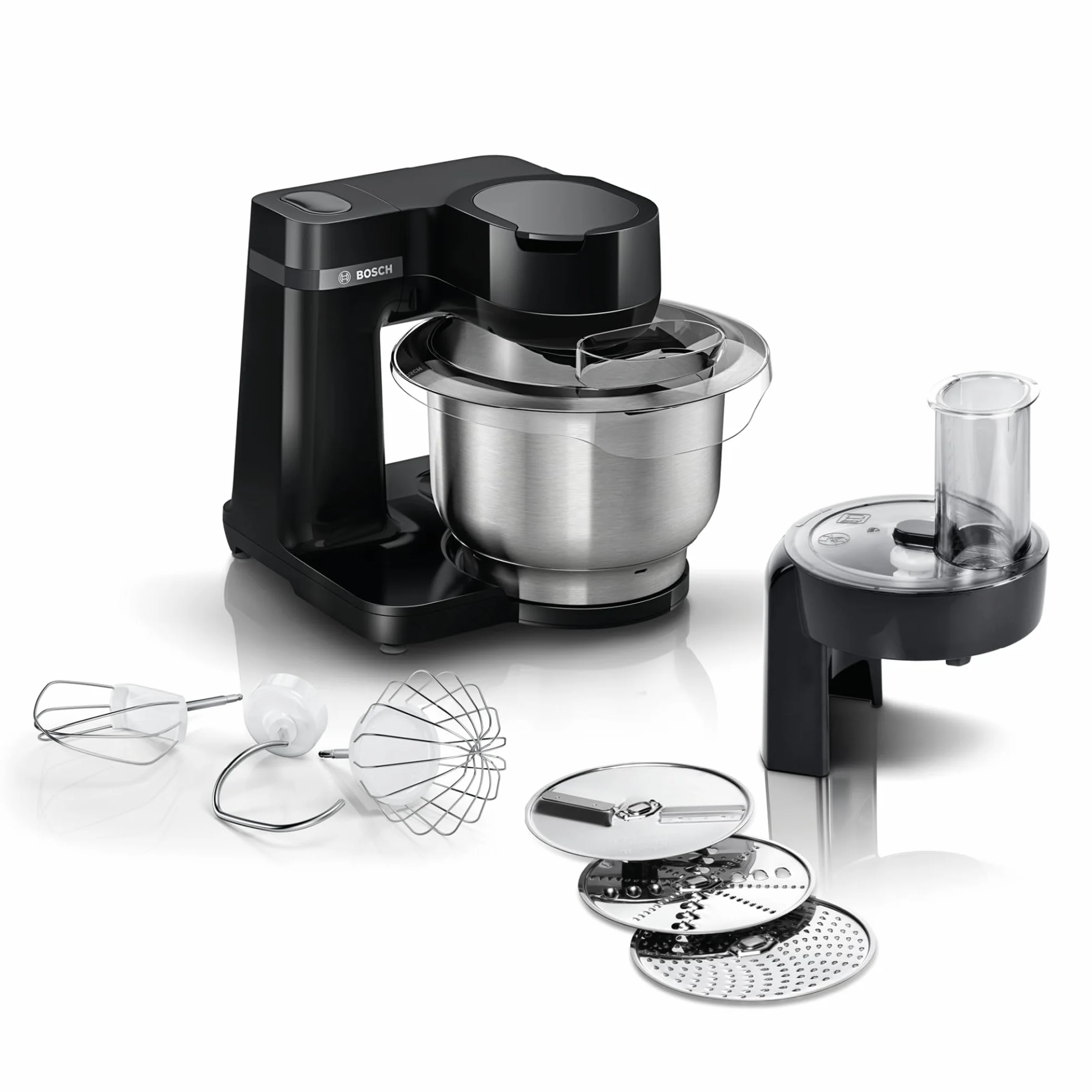 Bosch Robot de cocina MUM Serie 2 MUMS2EB01, cuenco de acero inoxidable de 3,8 L, agitador planetario, gancho para amasar, batidor, batidor de acero inoxidable, 3 discos, 700 W, negro