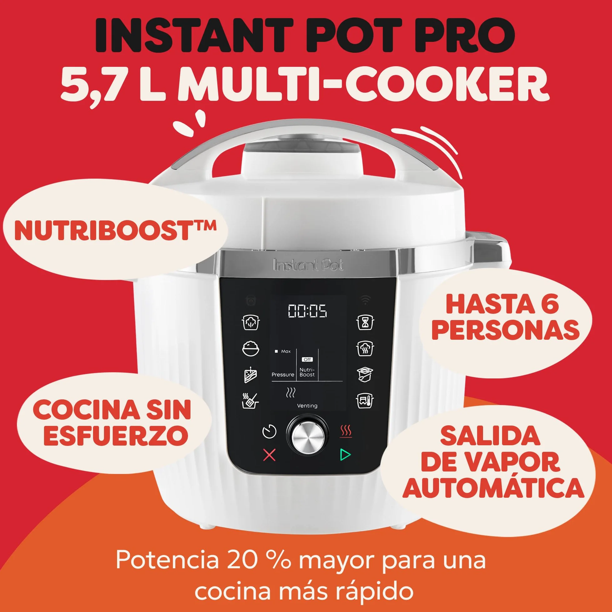 Instant Pot Pro Olla multifunción 10 en 1, 5,7L, Blanca, olla a presión, olla de cocción lenta, arrocera, sartén, yogurtera, calentador de alimentos, olla de cocción al vacío, vaporera, horno, NutriBo