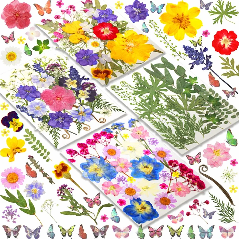 Flores Secas Naturales y Prensadas Coloridas 120 Piezas con Pegatinas de Mariposa 30 Piezas para DIY Joyería Velas Resina Scrapbooking