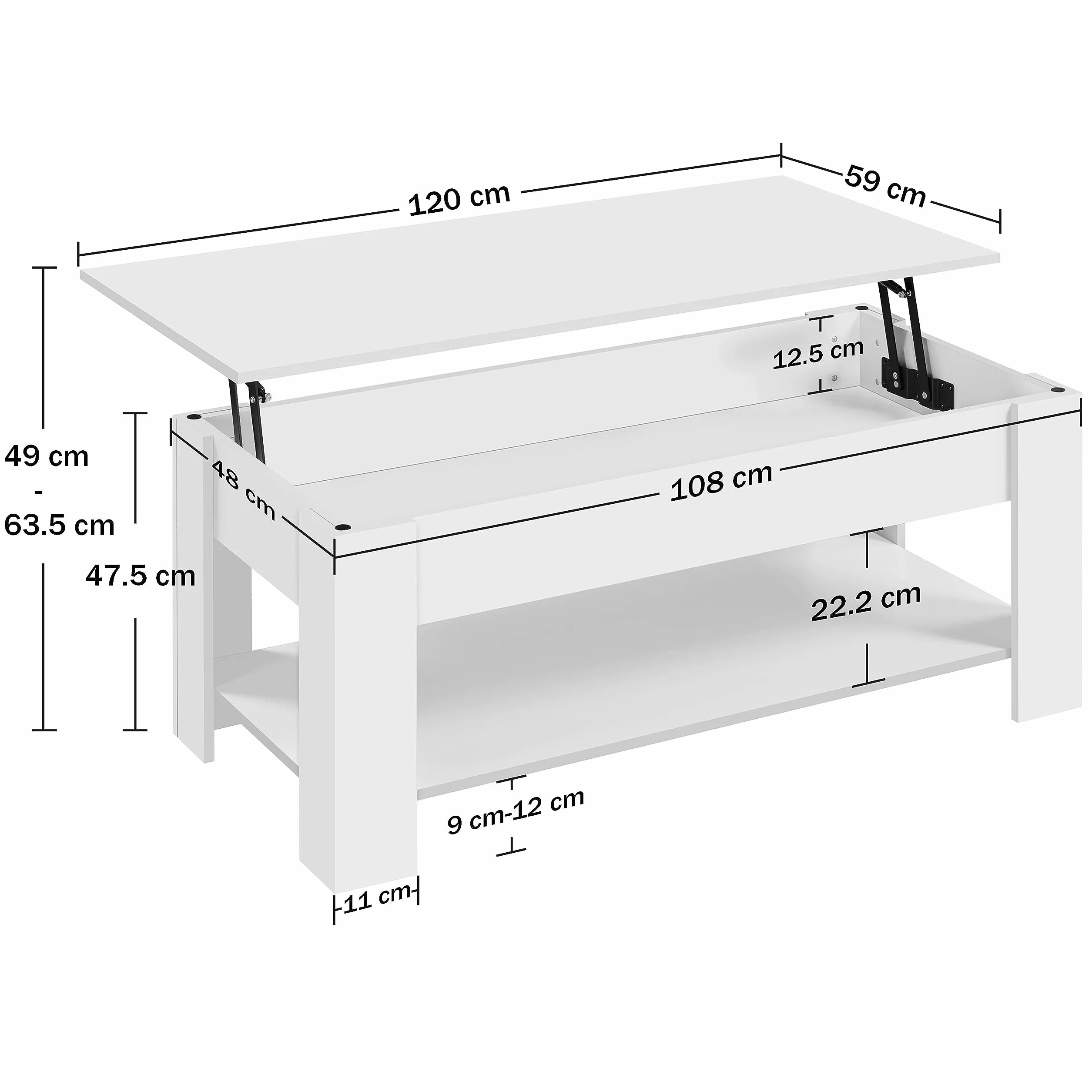 Yaheetech Mesa Centro Elevable con Estante Mesa Café con Revistero Mesita Baja de Moderno Grande para Salón 120 x 59 x 49,5 cm Blanco