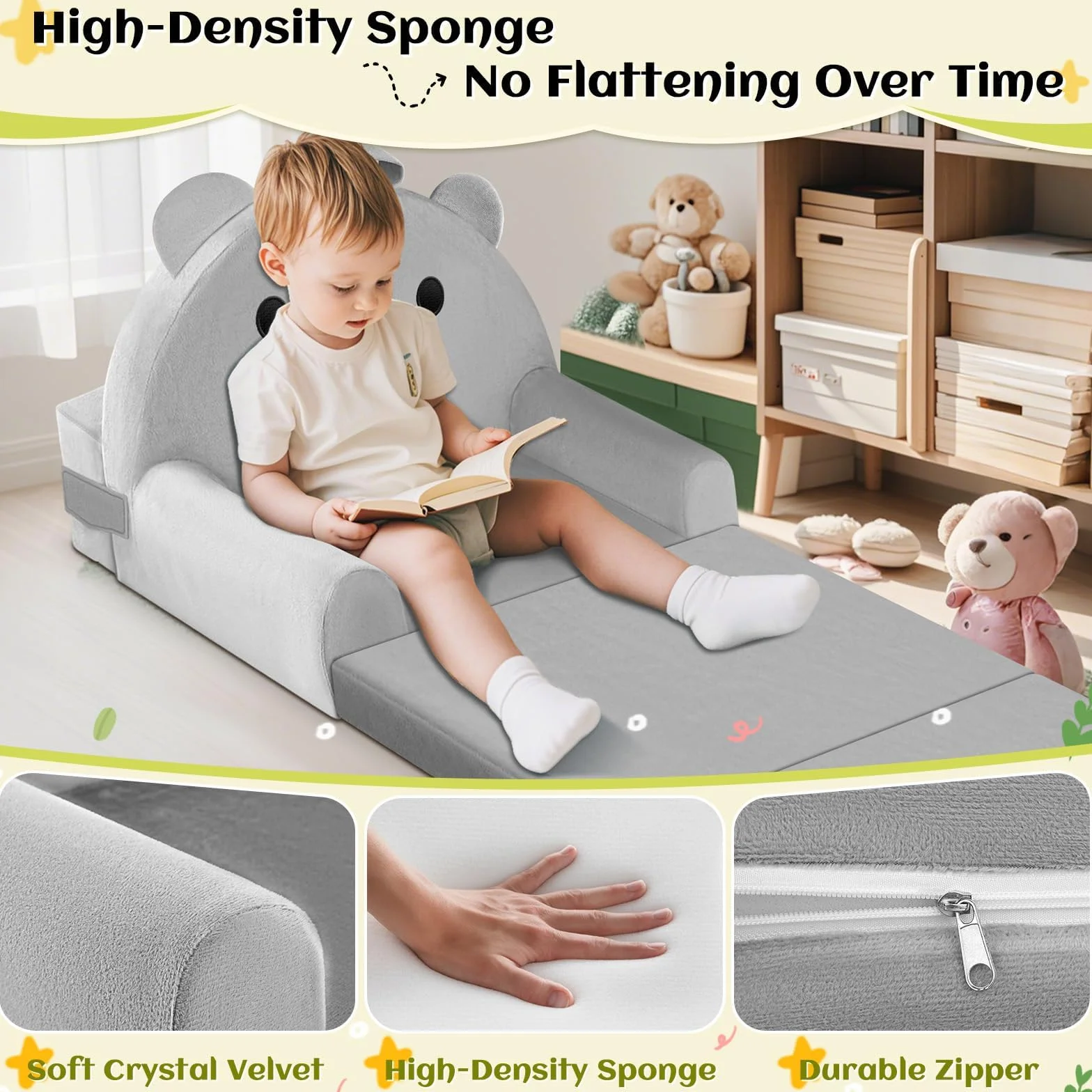 Sofá Infantil, 2 en 1 Silla Plegable para niños, Suave sofá de Terciopelo de Cristal para los niños pequeños para el Dormitorio, Sala de Estar