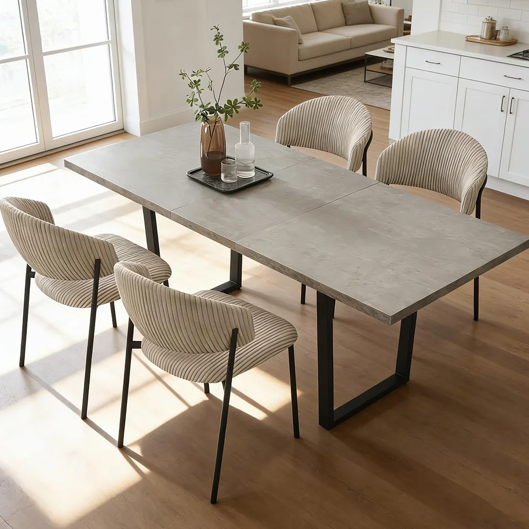 JIEXI Juego de 4 mesas de Comedor Extensibles de 130 x 170 cm, 4 sillas de Pana, Tablero Rectangular de MDF de Cemento, Estilo Moderno y contemporáneo para Comedor y Cocina