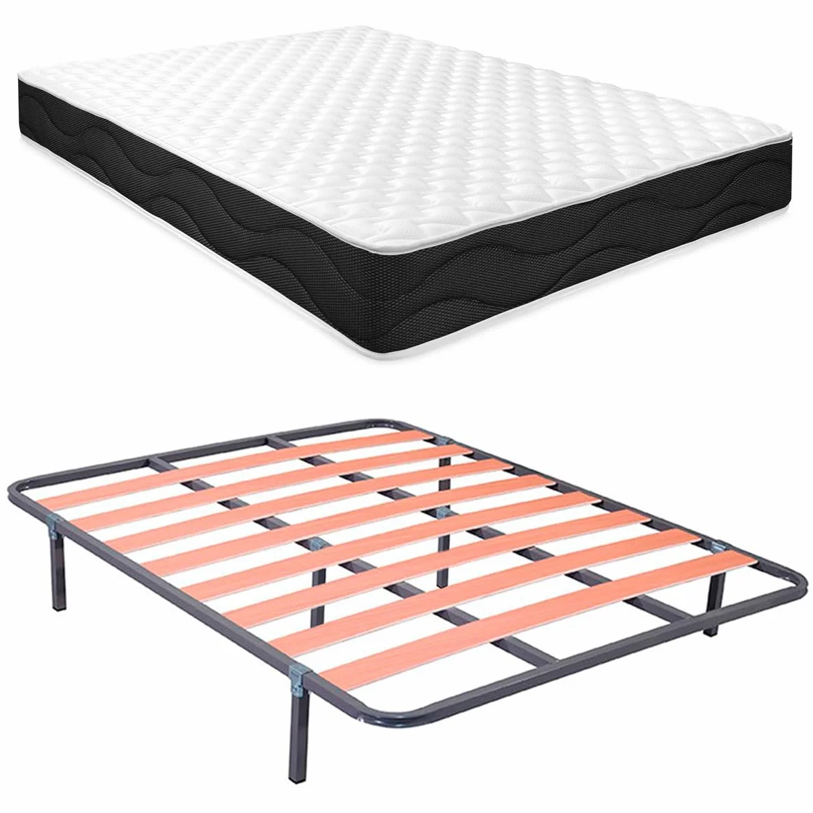 Homey - Cama Completa con Colchón Sleep Pro Reversible + Somier de Láminas Basic con 6 Patas Abrazadera, 150 x 190