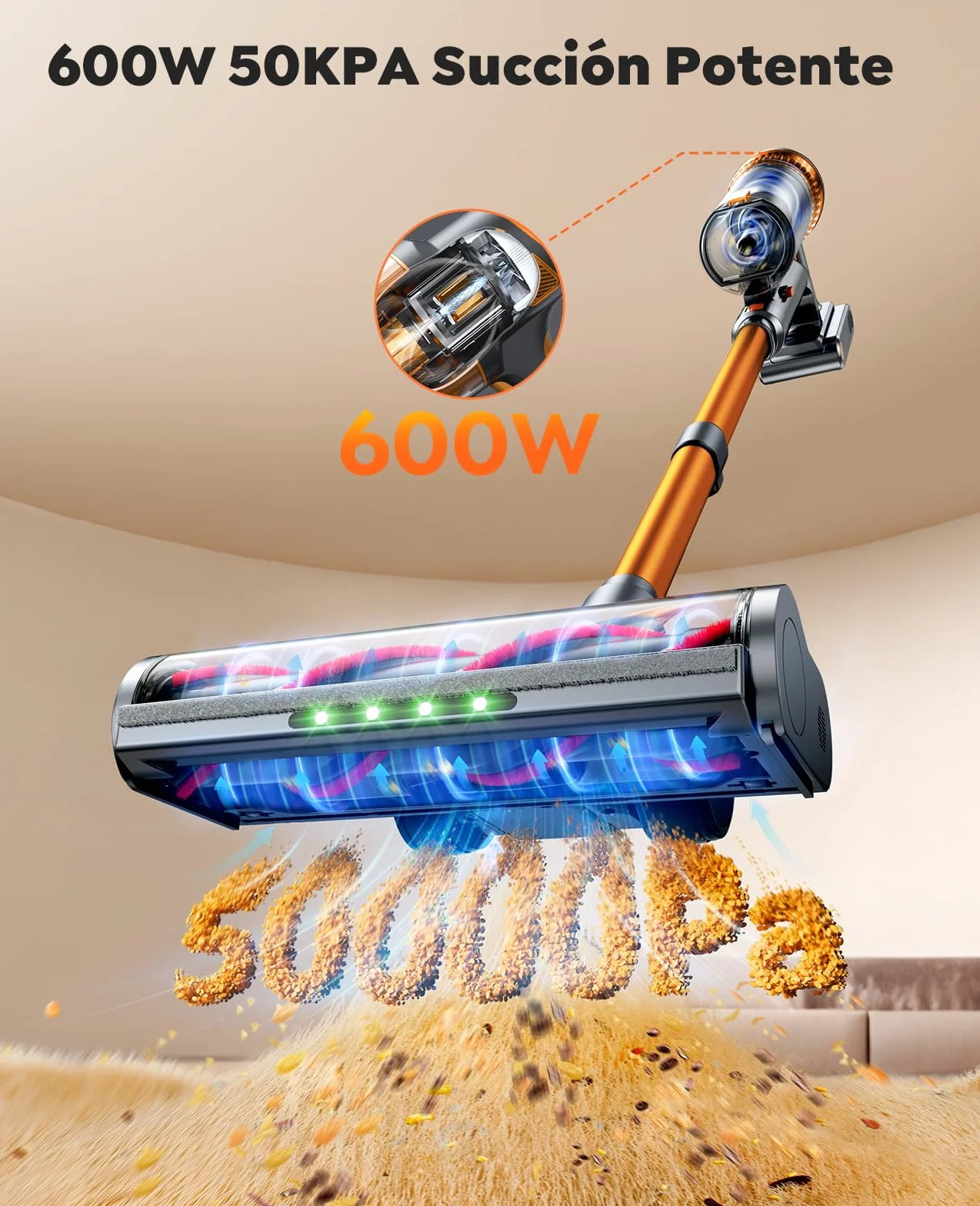 50KPA/600W Aspiradora sin Cable Potente, 65Min(ECO) Aspirador Escoba Vertical con Modo Automático, Cepillo Anti-Enredo, Manguera de 1M y Luz LED, Ideal para Pelo de Mascotas, Alfombras y Coche