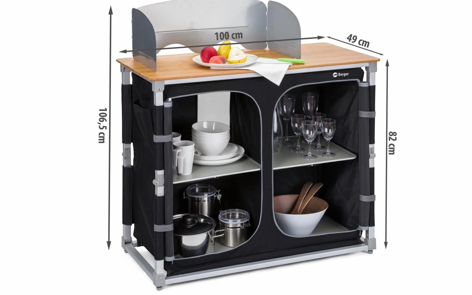 Berger Deluxe | Mueble de Cocina de Camping, Cocina Plegable con Encimera de Bambú, Armario de Almacenamiento con 4 Compartimentos, Protector de Viento y Bolsa de Transporte, Estructura de Aluminio