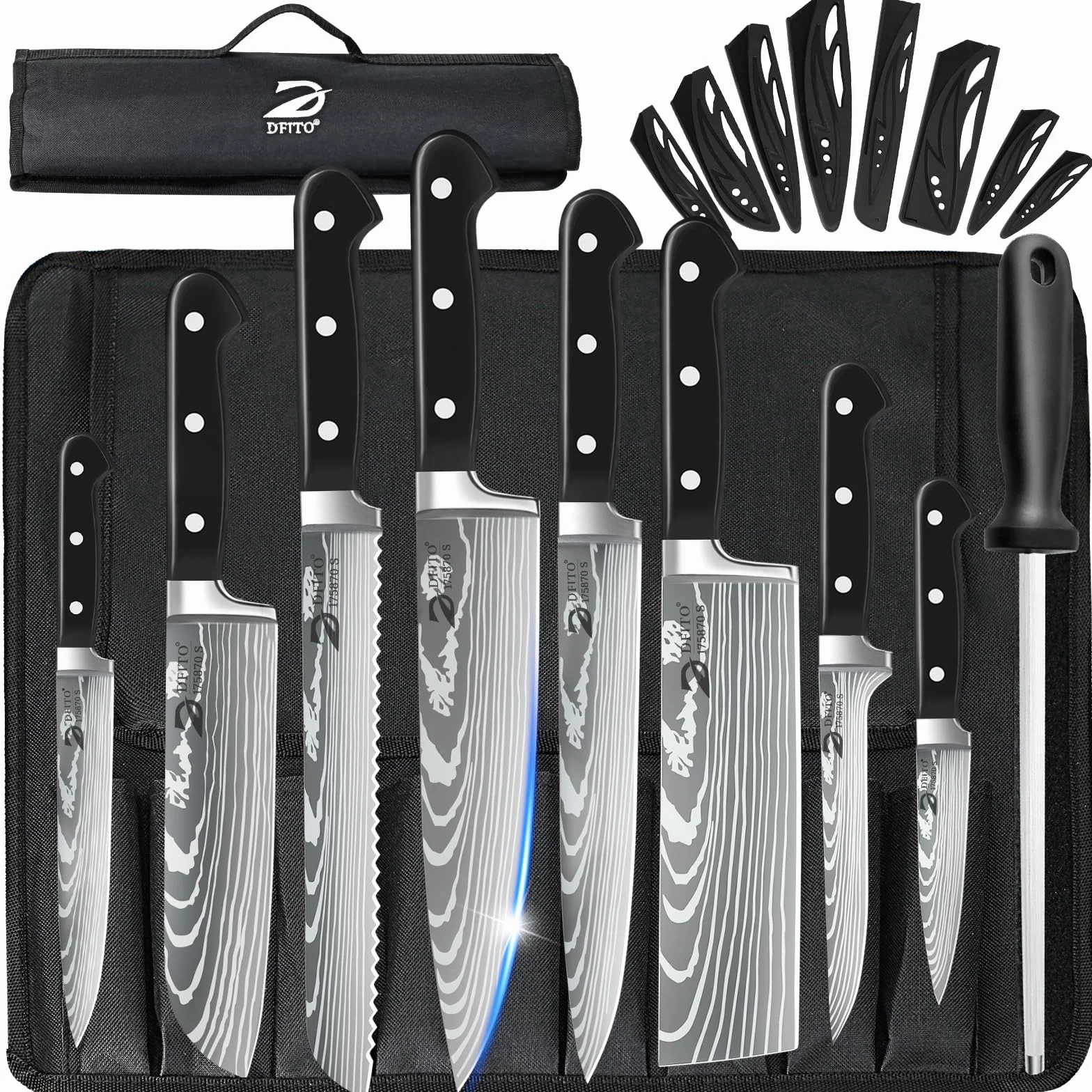 Dfito Juego de cuchillos con bolsa de transporte, juego de 8 cuchillos profesionales con bolsa, juego de cuchillos de cocina de acero inoxidable de alto carbono, juego de cuchillos de chef