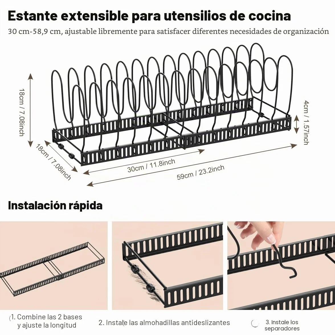 Organizador de Ollas y Sartenes Extensible con 14 Compartimentos Ajustable Soporte Tapas Negro