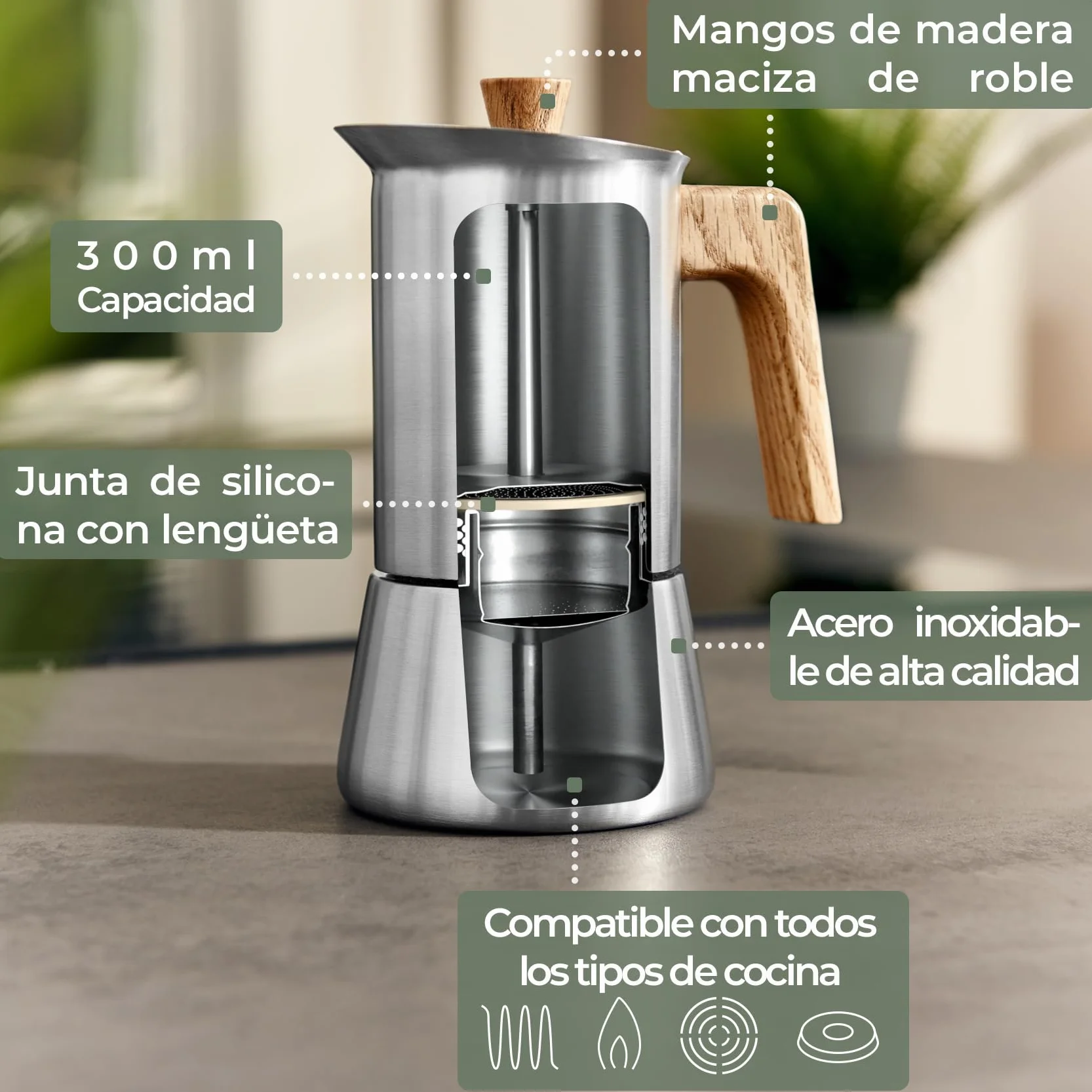 WALDWERK Cafetera italiana induccion (300 ml) – Cafetera italiana acero inoxidable todo tipo de cocinas – Cafetera induccion con mango de auténtica madera de roble