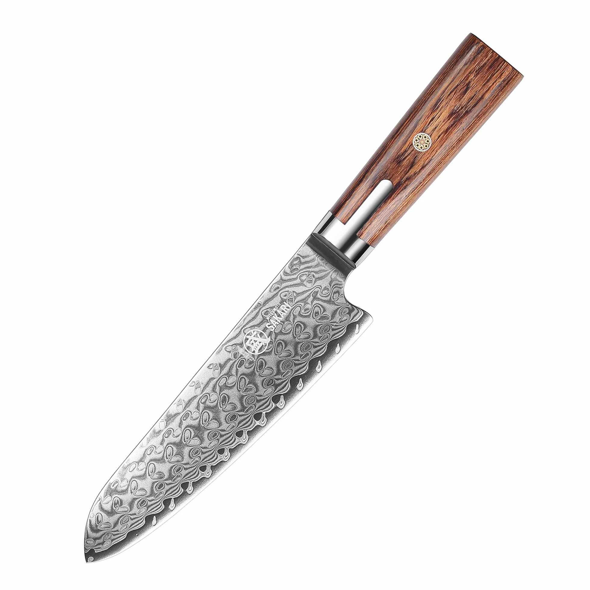 MITSUMOTO SAKARI Cuchillo Santoku Japones, 18 cm Cuchillos Cocina Full Tang, Cuchillos Carne Damasco Forjado a Mano (Mango de Pakkawood y Caja de Sándalo)