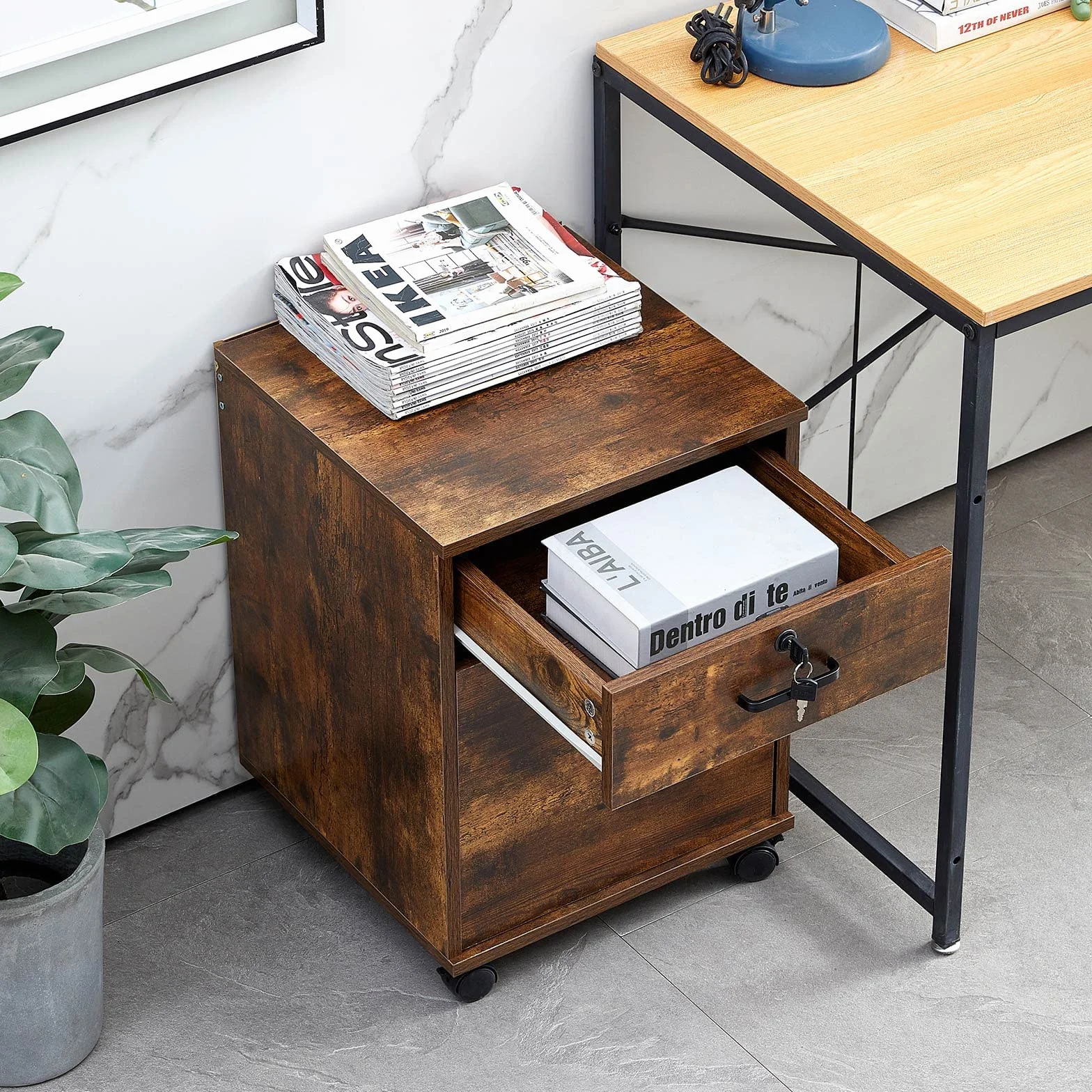 CLIPOP Archivador moderno con cerradura y cajón de madera con 1 almacenamiento cerrado y 4 ruedas rodantes, gabinete móvil para oficina en casa debajo del escritorio para papel A4, cartas y carpetas