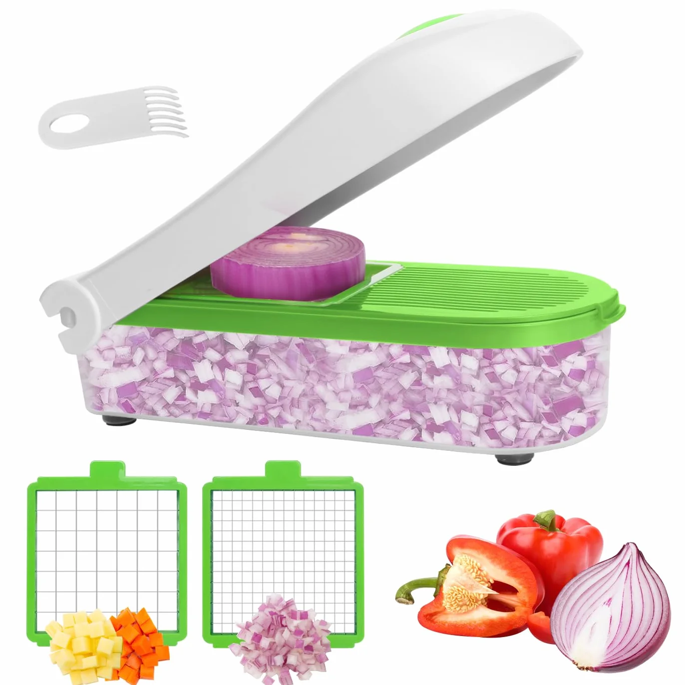 LHS Cortador de verduras, cortador de verduras multifuncional, cortador de alimentos, picador de cebolla, ensalada, cortador de patatas con recipiente (2 en 1, blanco)