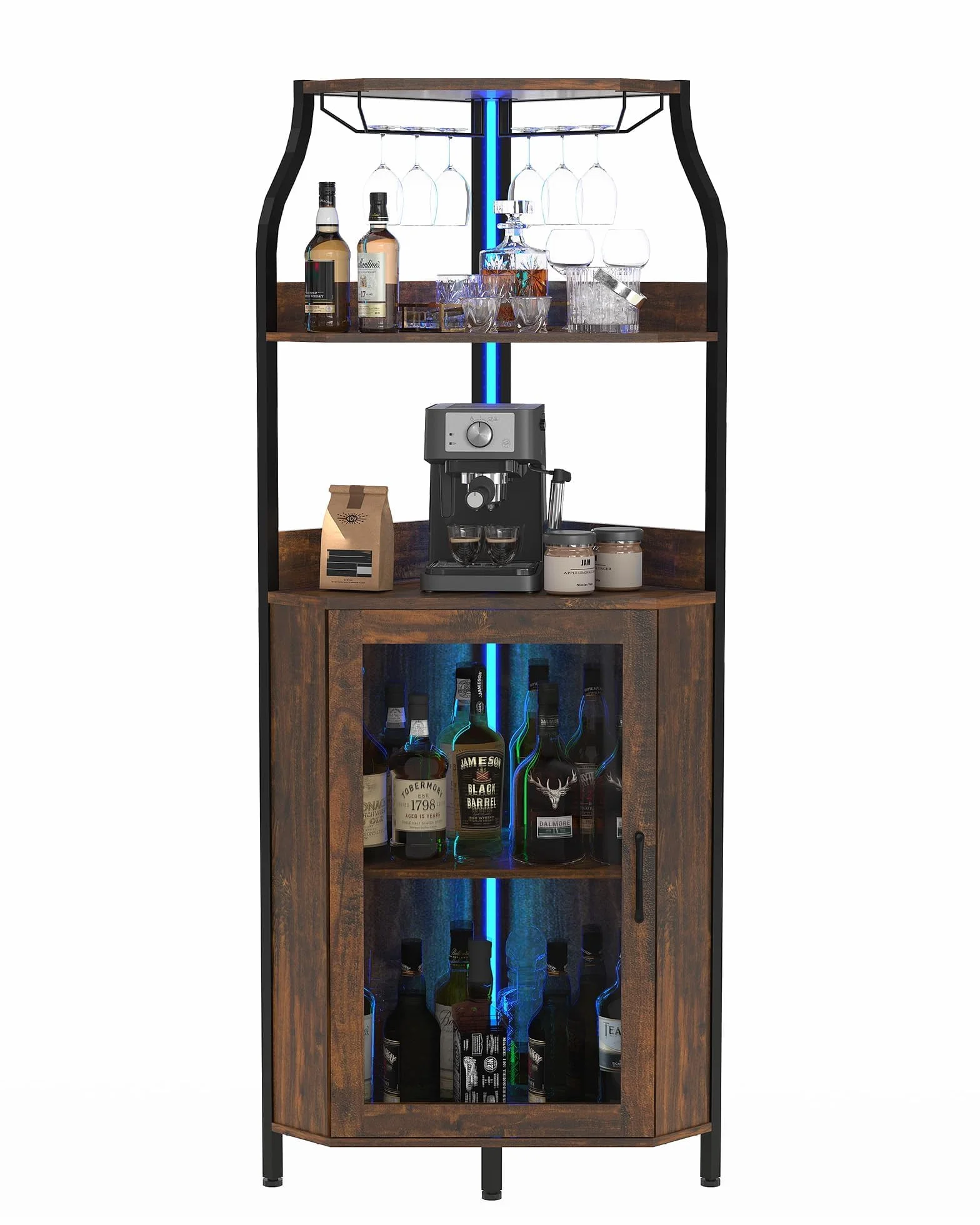 Armario de Vino Esquinero con Luces LED, Mueble Bar Industrial de 5 Niveles, Toma de carga lateral, Puerta de vidrio, estantes ajustables y soporte para copas, ideal para salón o comedor, Marrón
