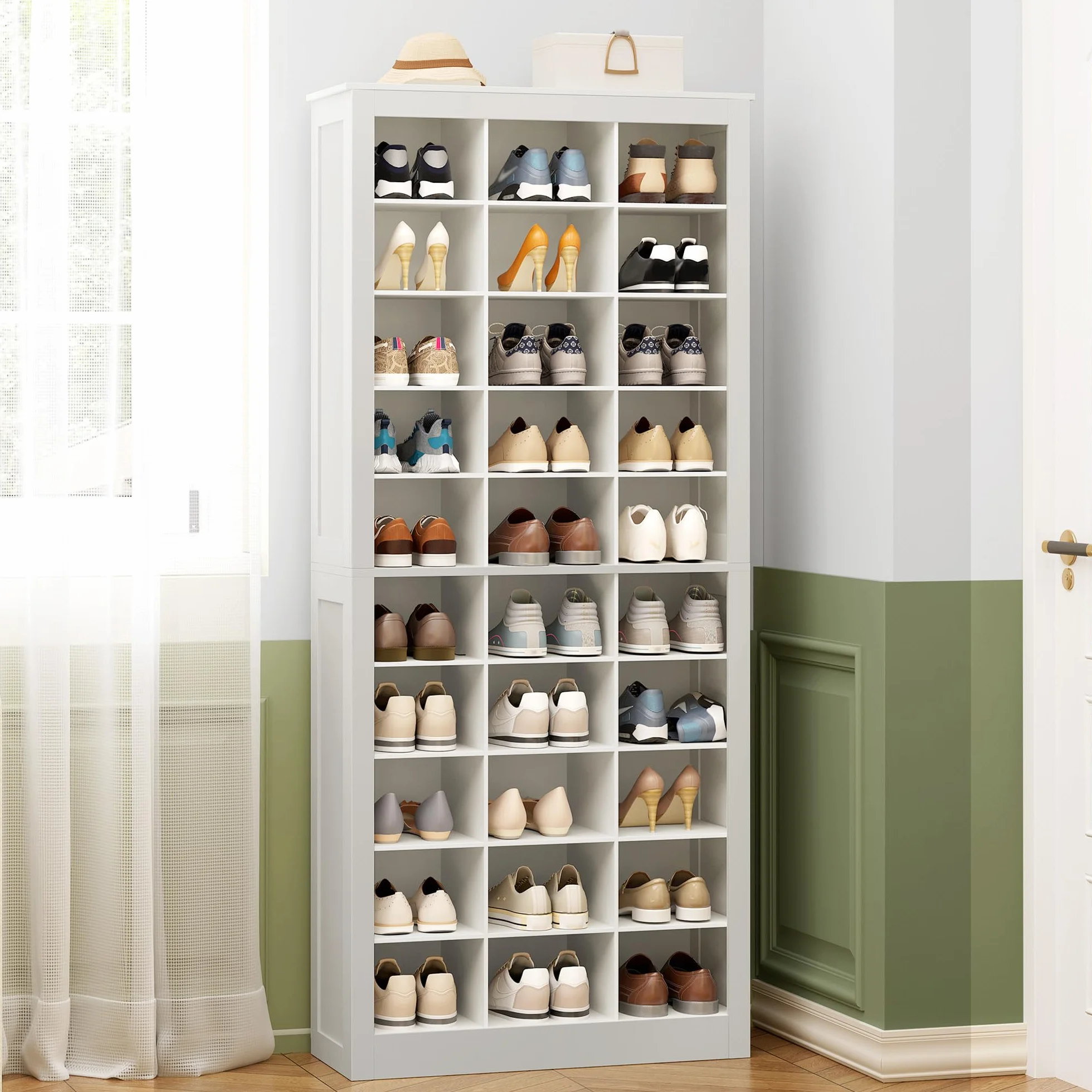 Hzuaneri Mueble Zapatero con 30 Compartimentos, Zapatero Entrada Recibidor con Estantes Ajustables, 73 x 30,5 x 180 cm, Blanco SR53003X