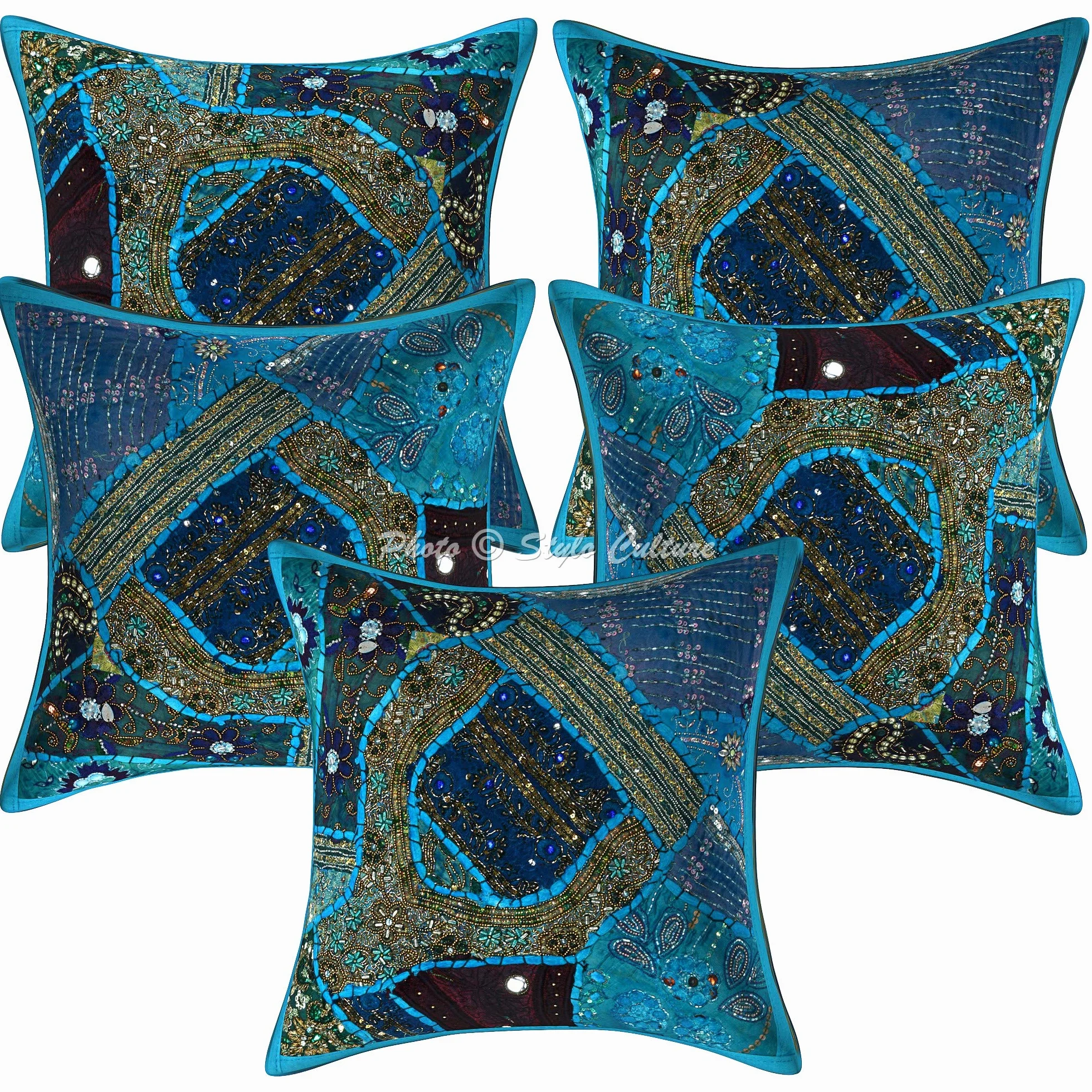 Boho Fundas De Almohadones Decorativa 40x40 cm Algodón Bordado Forros para Cojines Silla Turquesa 16x16 Inch Patchwork De Cuentas Cuadrado sobre Fundas para Cojines Cama - 5 Pcs