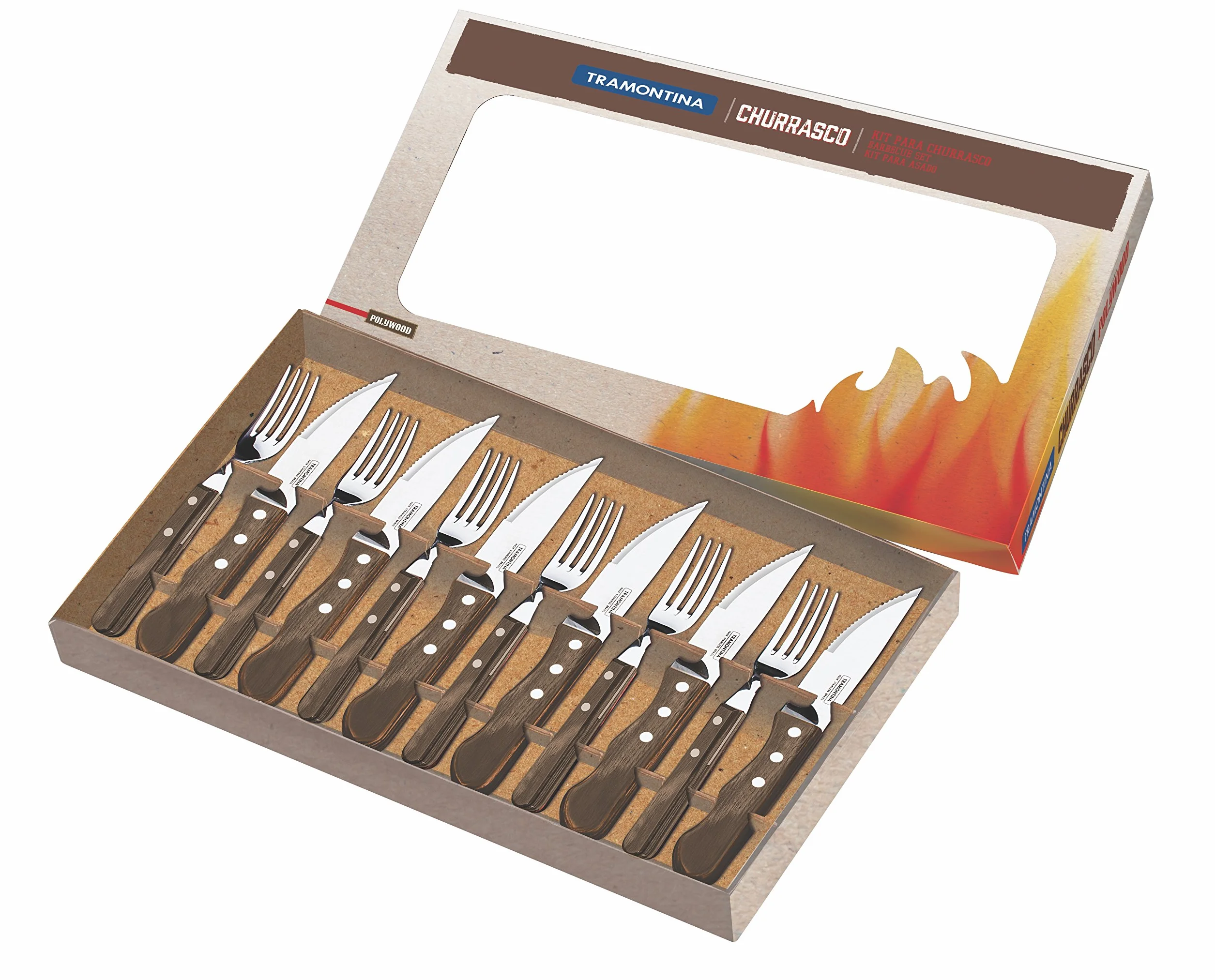 Tramontina Juego de 12 cubiertos para carne, AISI 420, madera auténtica, acero inoxidable, plata, 25.5