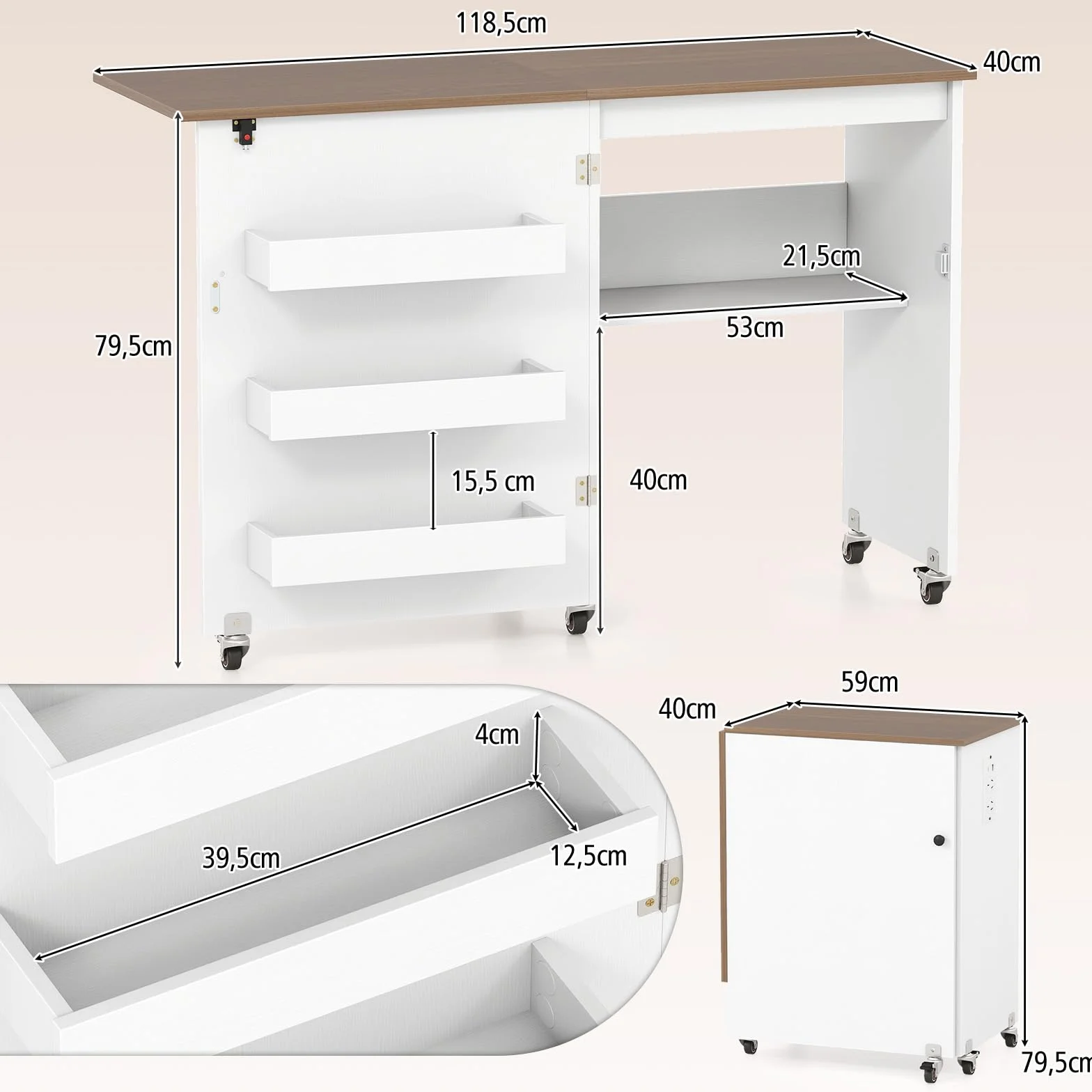 KOMFOTTEU Mesa de Costura Plegable, Mesa para Máquina de Coser con Ruedas y Compartimento de Almacenamiento, Armario para Máquina de Coser con 3 Contenedores Ocultos (Blanco y Natural)