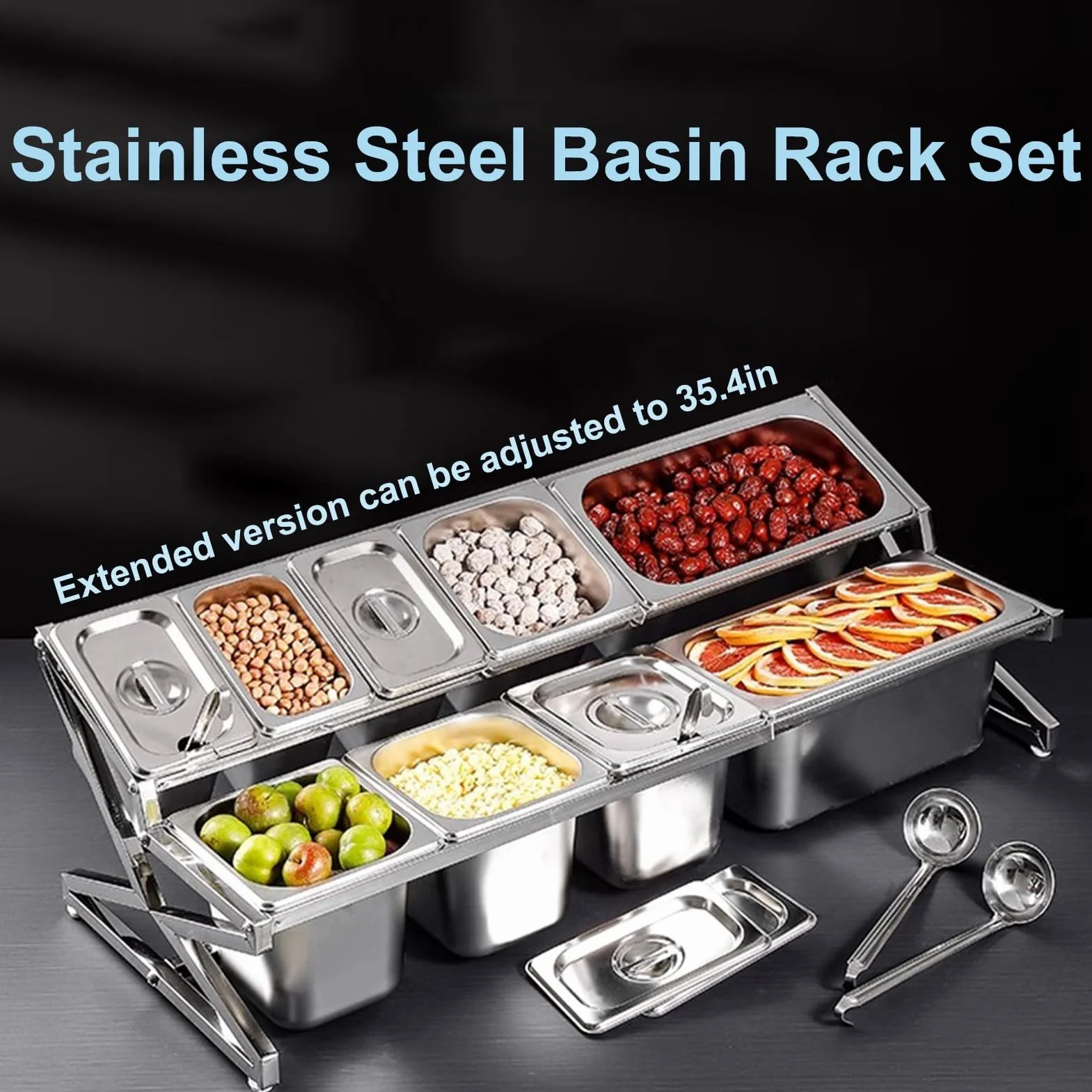 Juego de estante extensible de acero inoxidable 304 para especias, dispensador de condimentos con cucharas para salsas, mermeladas e ingredientes (plata, 96 x 34 x 25,9 cm)
