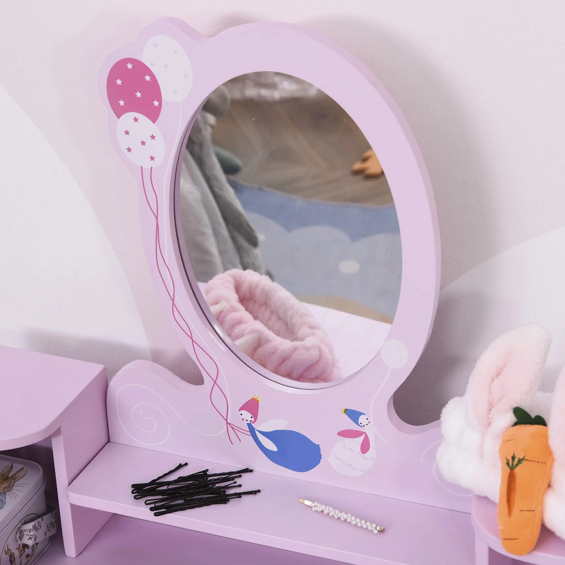 HOMCOM Tocador Infantil con Taburete y Espejo Tipo Princesa Mesa de Maquillaje Madera Rosa 60x34x93 cm