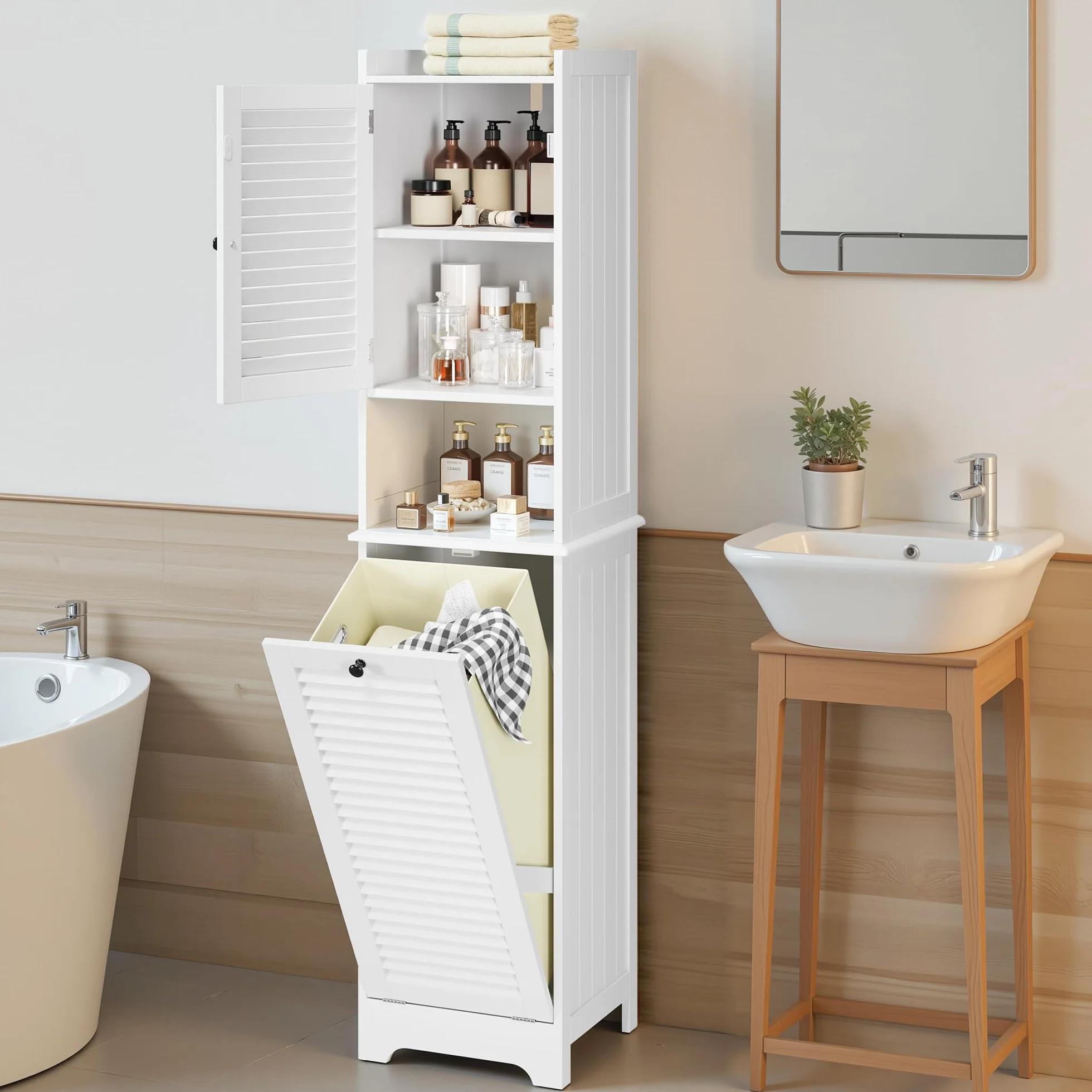 Xbro Mueble Baño con Cesto para Ropa, Armario Columna con Estantería y Puerta con Balda Ajustable, para Baño Pequeño, 40 x 170 x 37 cm, Blanco