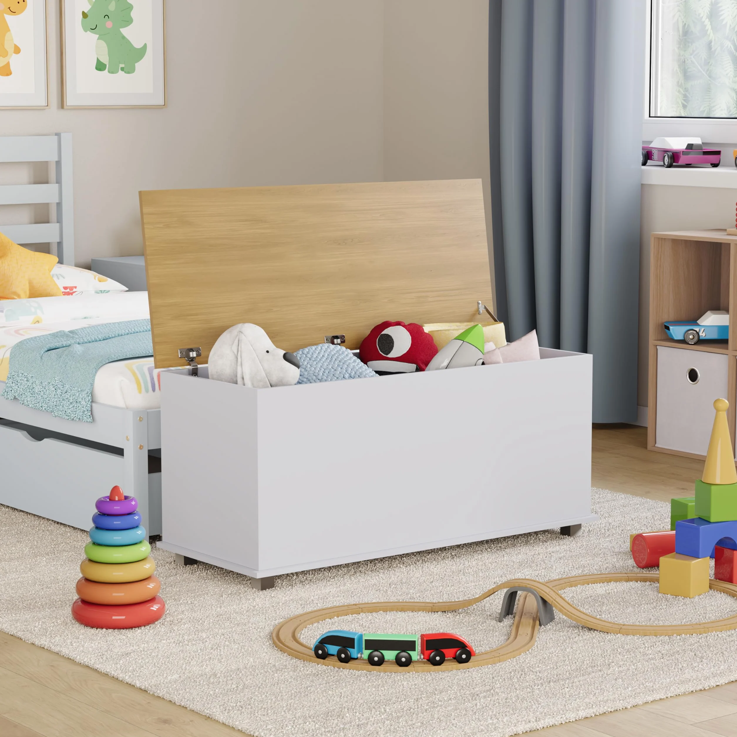 Vida Designs Arlington - Caja de Juguetes de Madera en Color Blanco, 100 x 40 x 48 cm, otomana de Almacenamiento con Tapa elevable, Ideal para Juguetes, Ropa de Cama y reposapiés