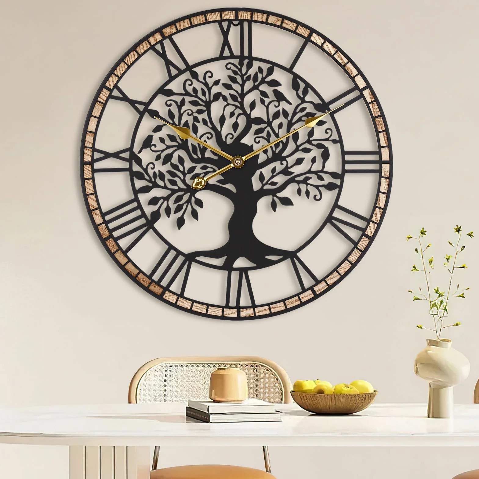 Reloj de pared moderno minimalista en forma de árbol silencioso con ganchos de esquina para decoración de pared, decoración de sala de estar, decoración de cocina (24 pulgadas)